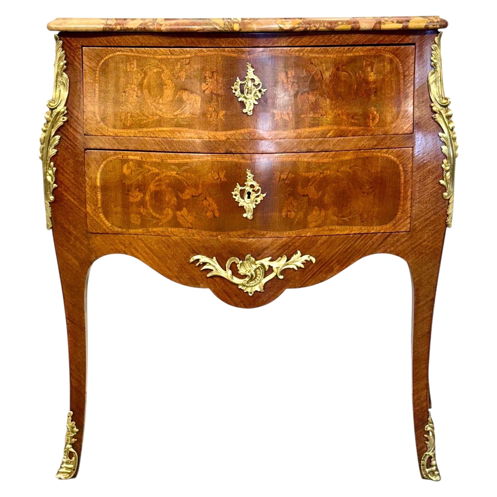 Louis XV Style Marquetry Commode with Breche Marble Top, France 19th Century For Sale