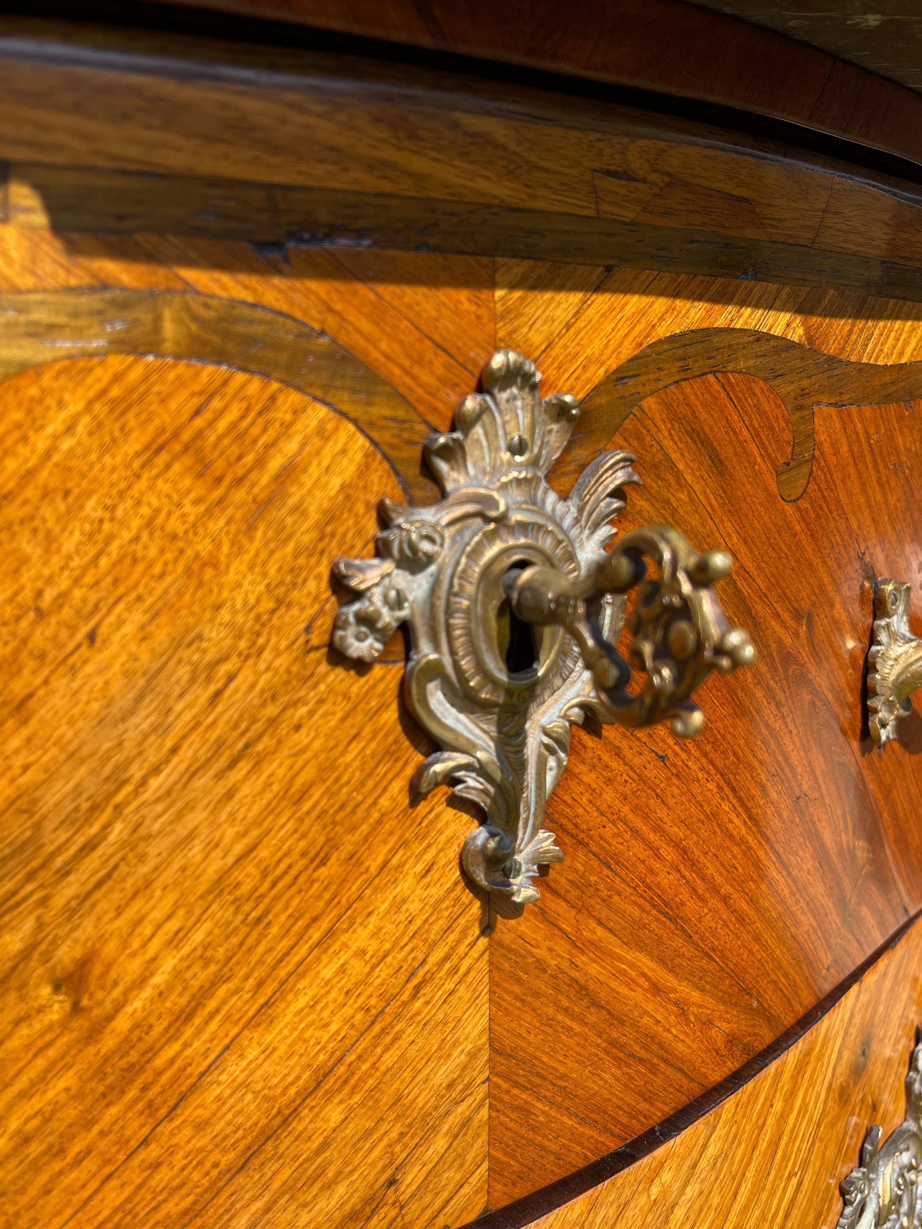 Wood Louis XV Style, Marquetry Commode with Bronze Signed Cheval, 19th Century For Sale