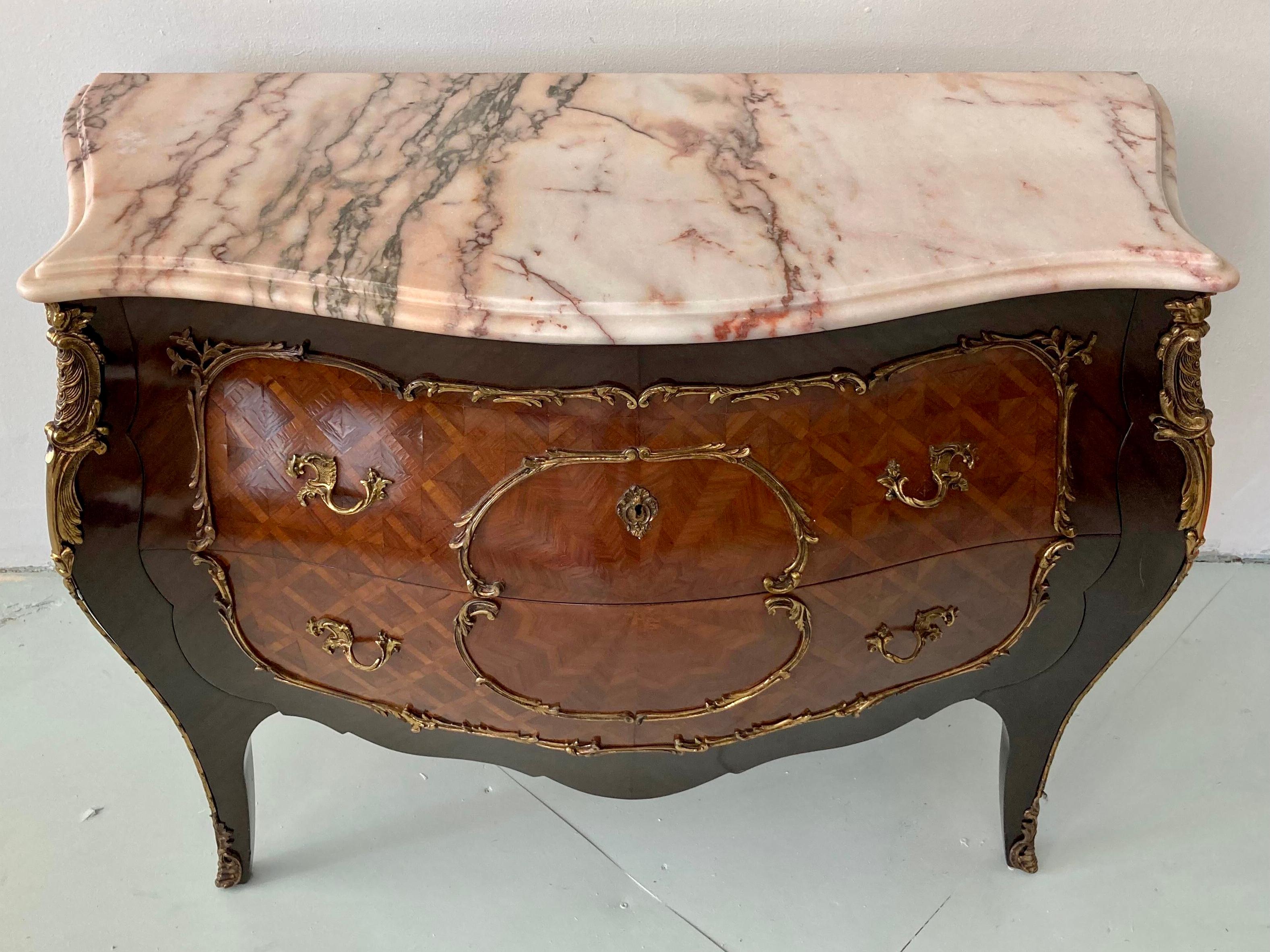 Spanish Louis XV Style Marquetry Commode With Marble Top For Sale