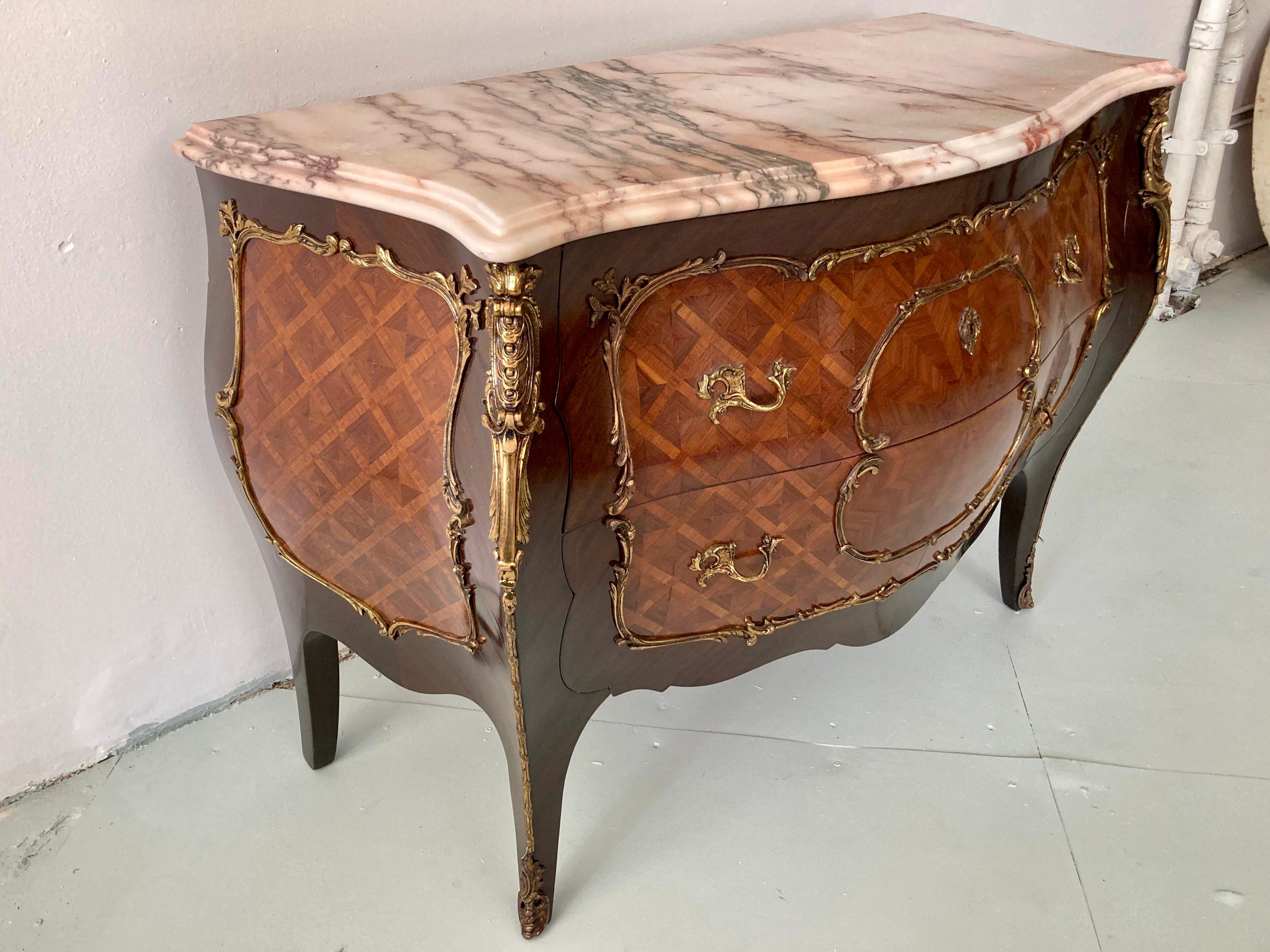 Louis XV Style Marquetry Commode With Marble Top In Good Condition For Sale In Los Angeles, CA