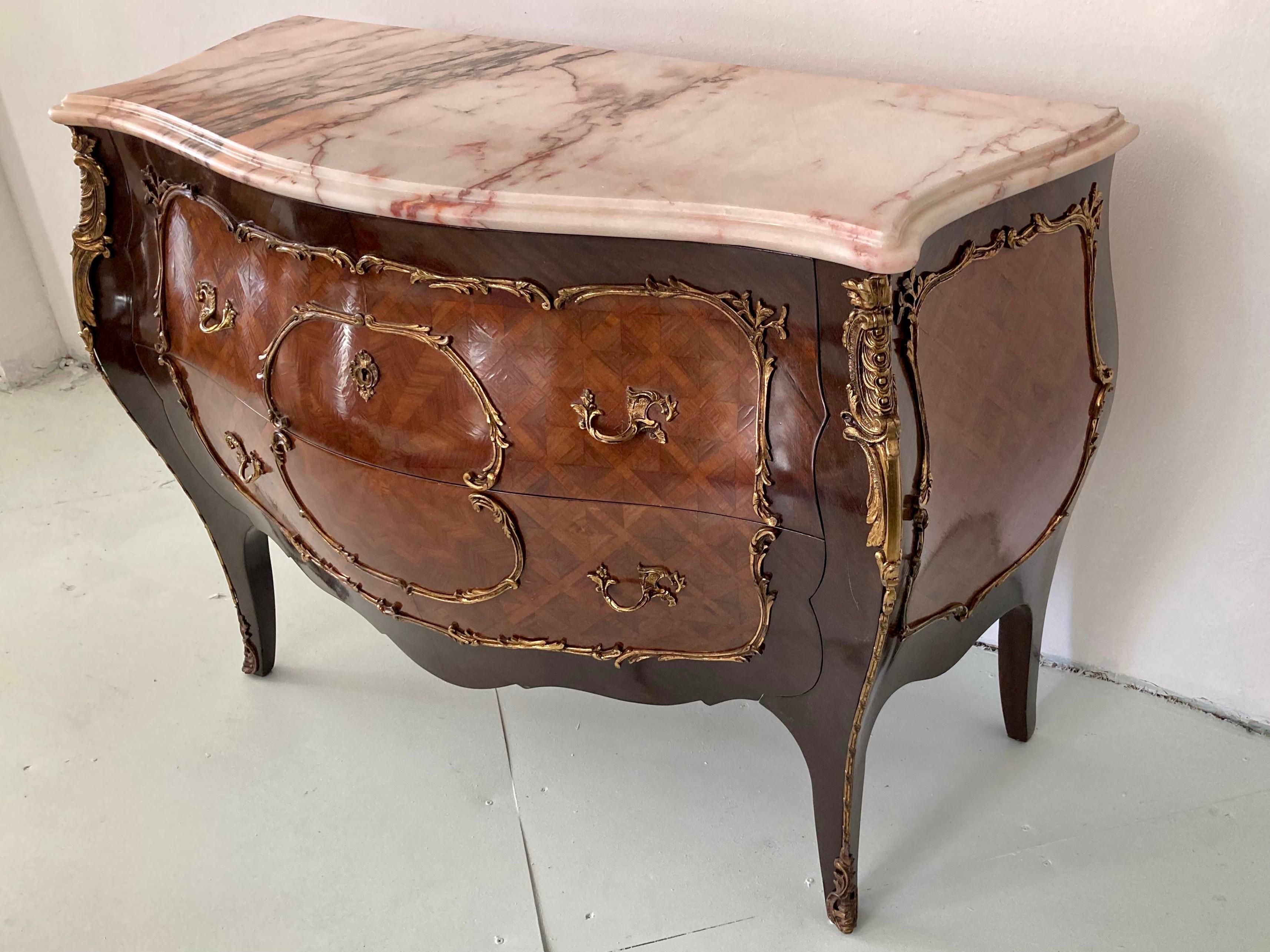 20th Century Louis XV Style Marquetry Commode With Marble Top For Sale