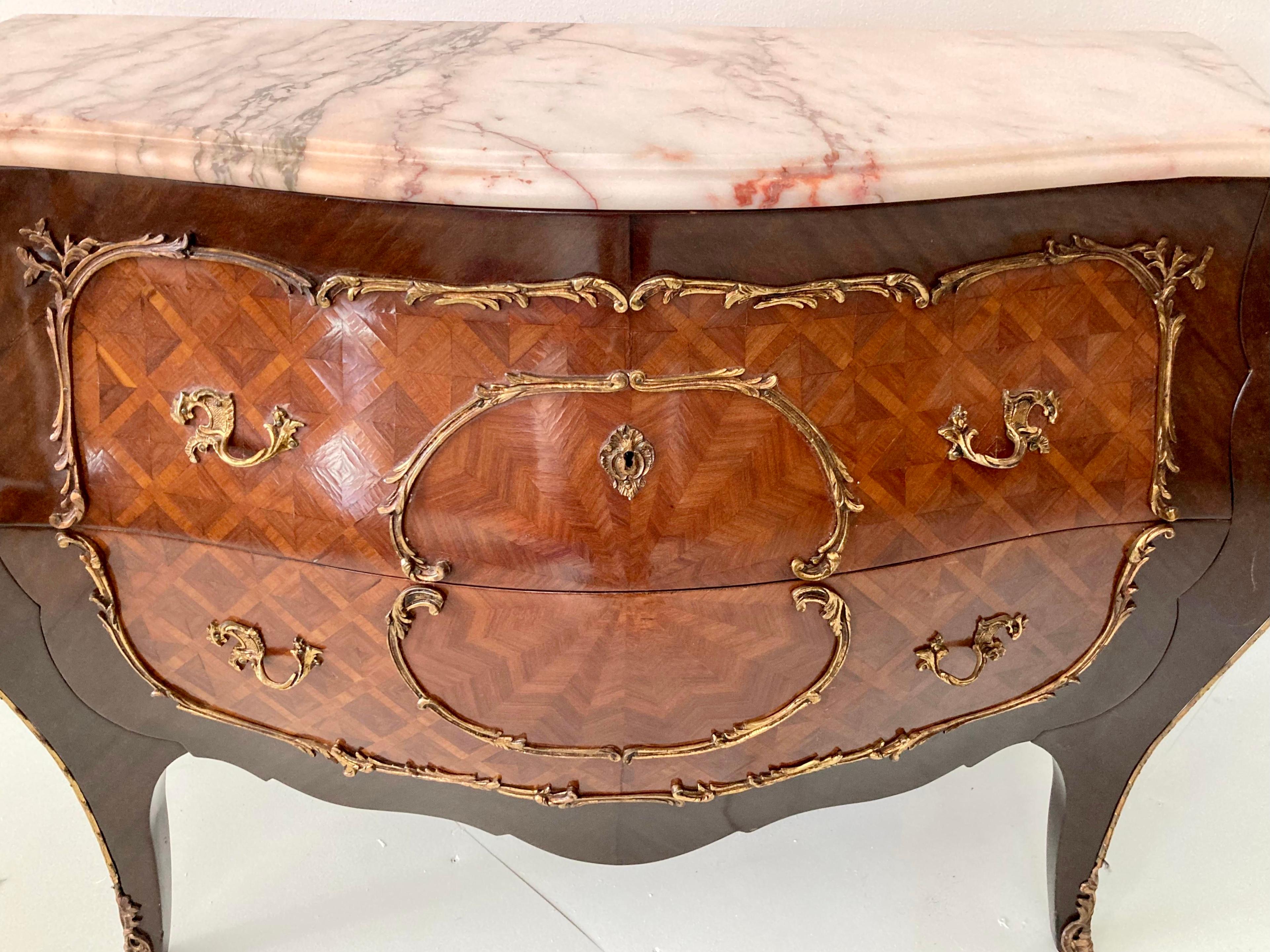 Louis XV Style Marquetry Commode With Marble Top For Sale 1