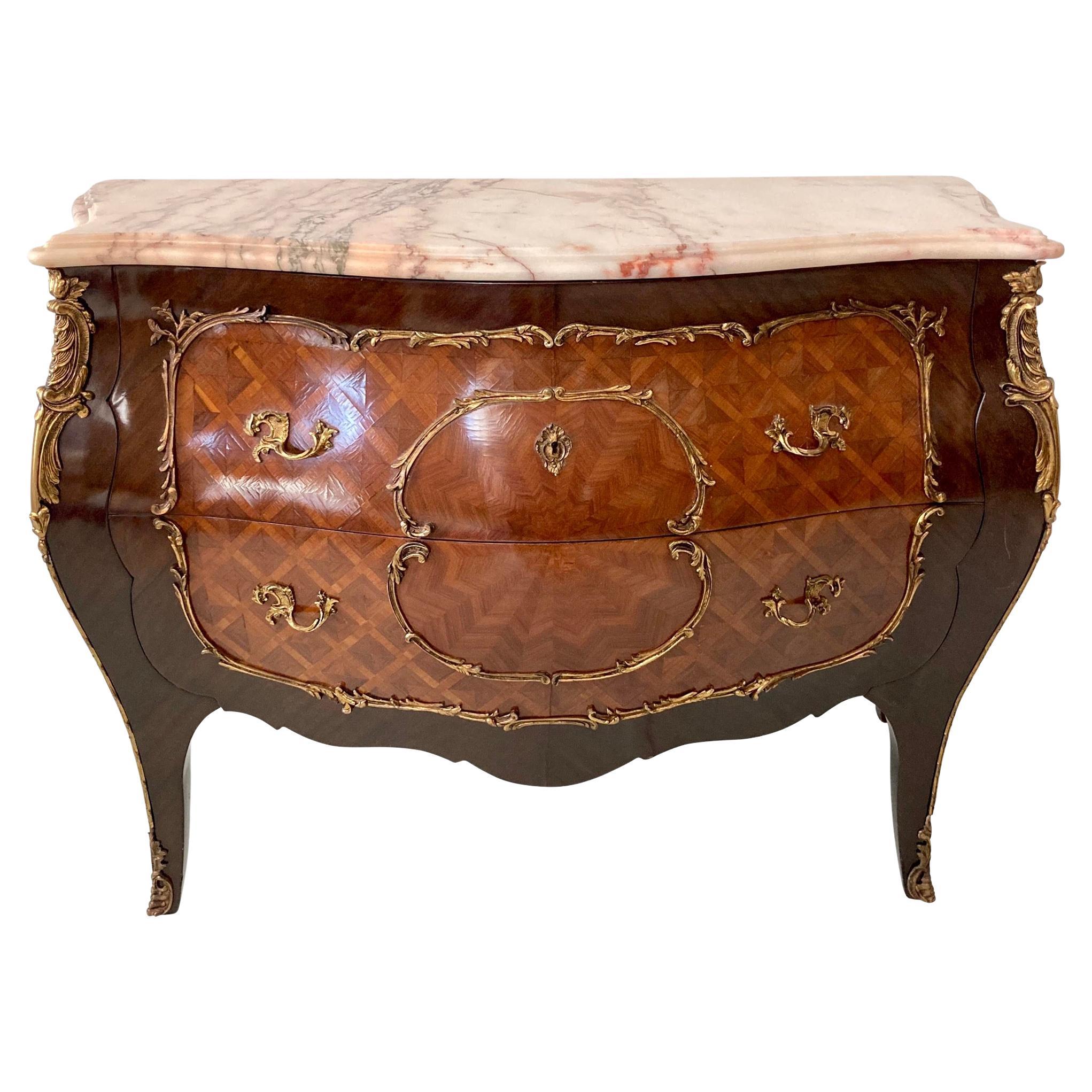 Louis XV Style Marquetry Commode With Marble Top For Sale