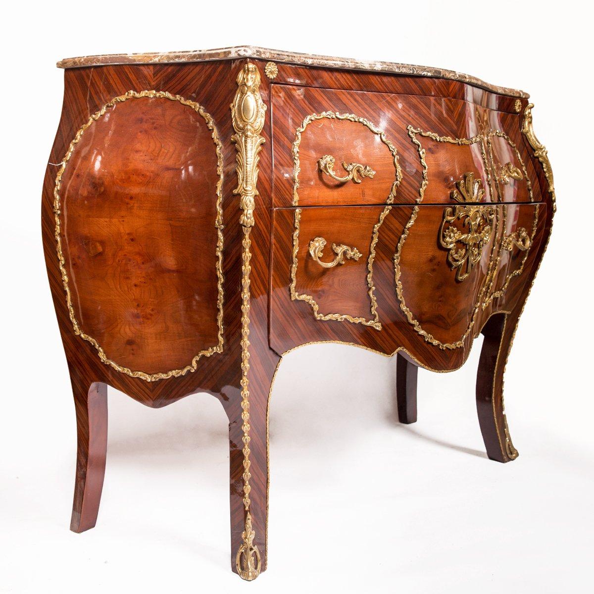 European Louis XV Style Marquetry Inlaid Bombe Commode 20th Century For Sale