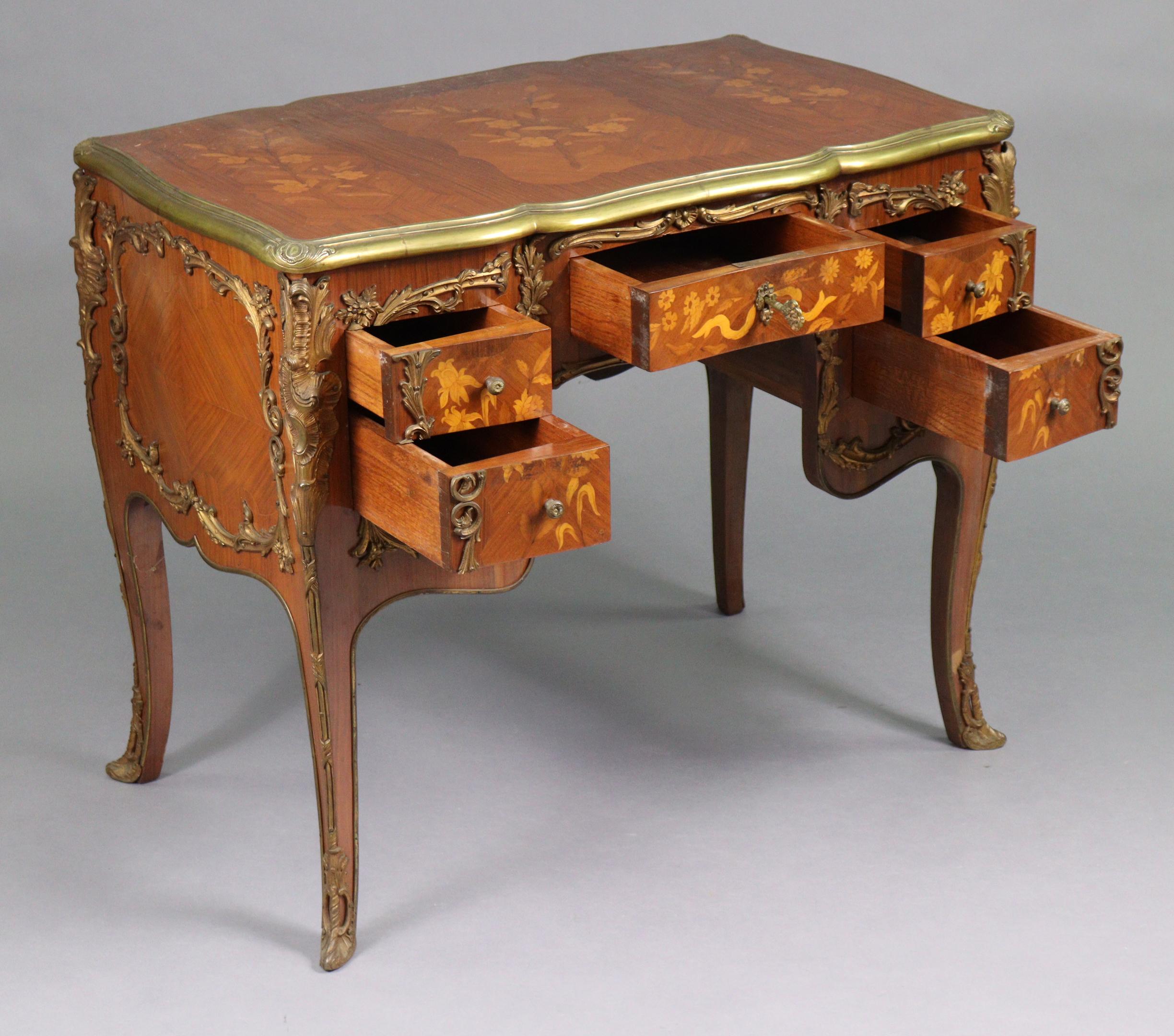 French Louis XV Style Marquetry Inlaid Brass Bound Desk For Sale