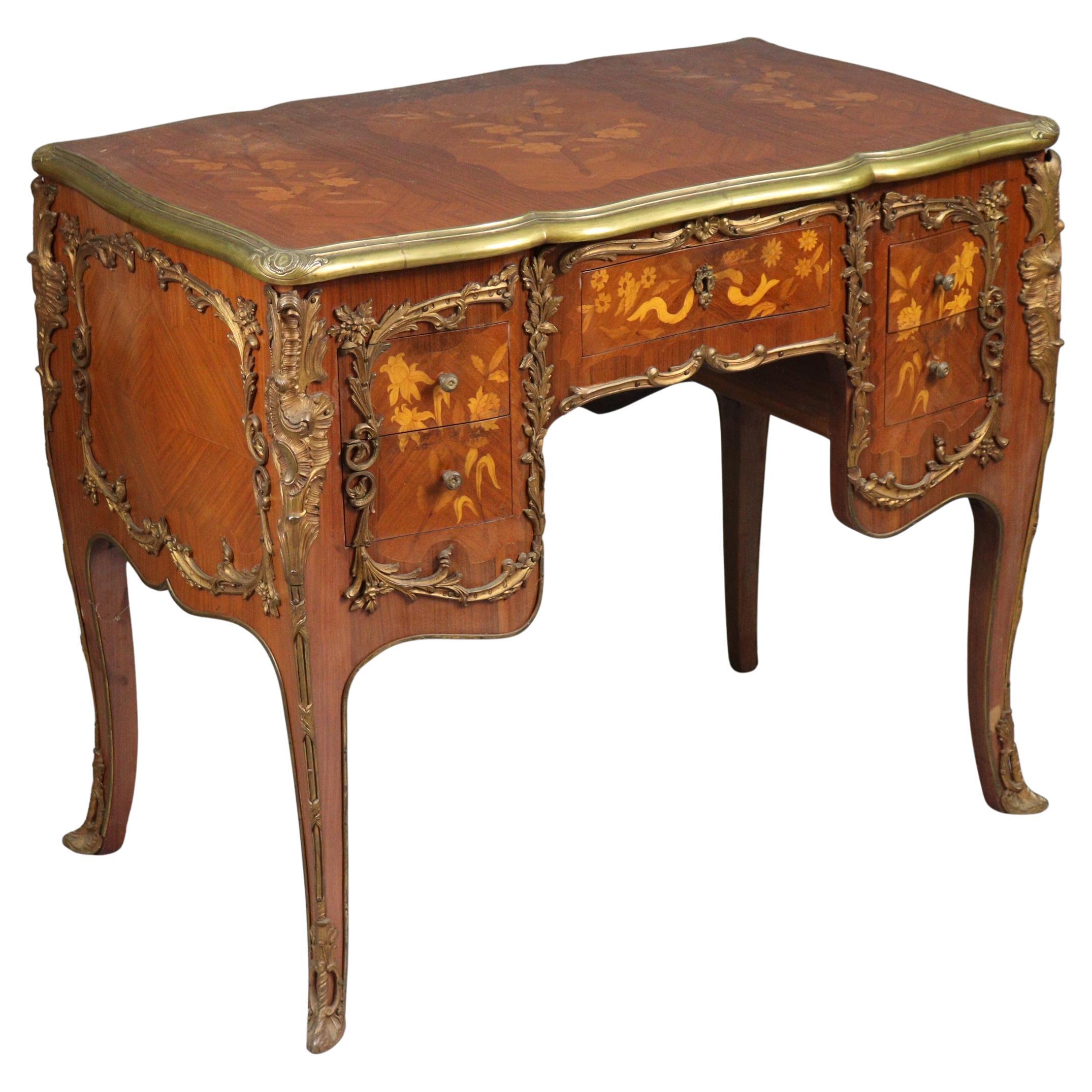 Louis XV Style Marquetry Inlaid Brass Bound Desk For Sale