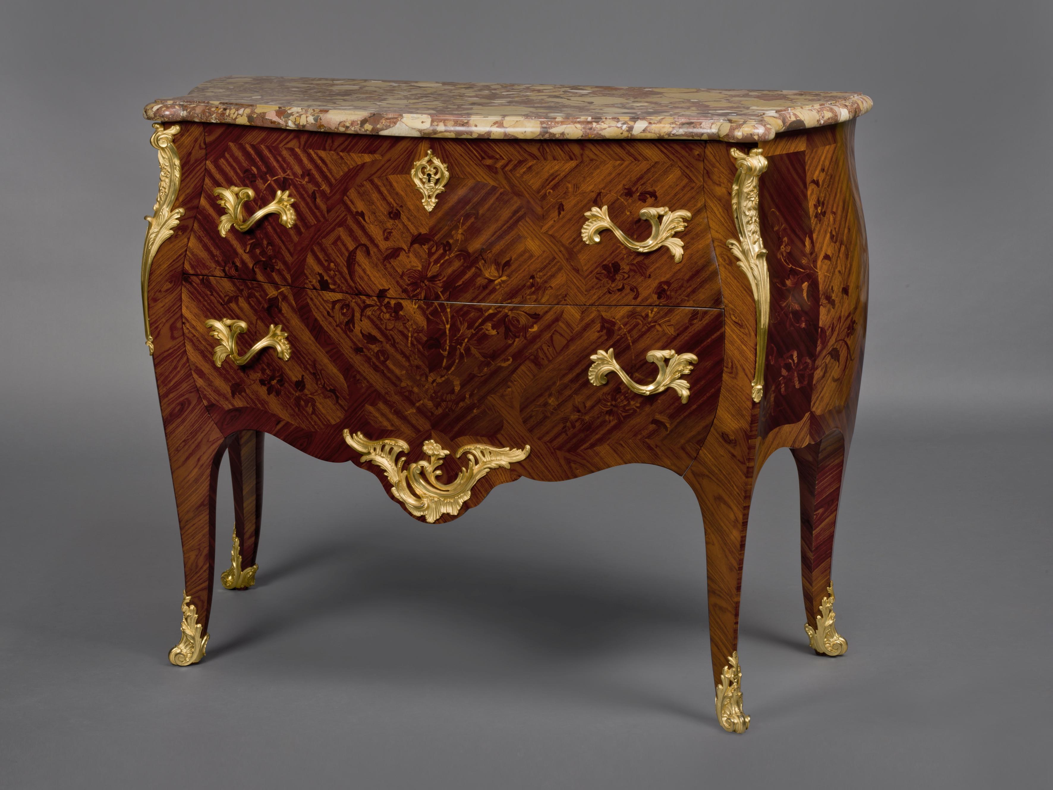 A fine Louis XV style marquetry inlaid commode with a Breche d'Alep marble top by Sormani.

French, circa 1880. 

Stamped 'Sormani Paris' twice to the carcass, signed 'Sormani 134 boulevard Haussmann à Paris' to the lock plate.

This fine