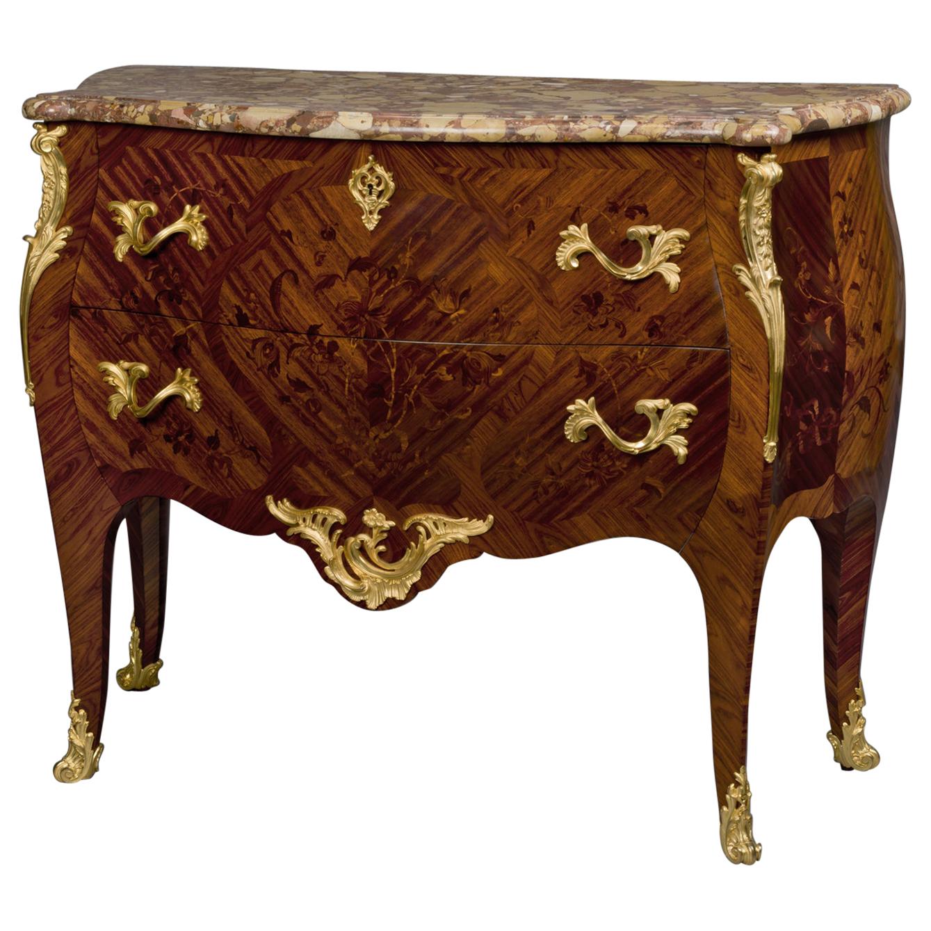 Louis XV Style Marquetry Inlaid Commode with a Marble Top by Sormani, circa 1880 For Sale