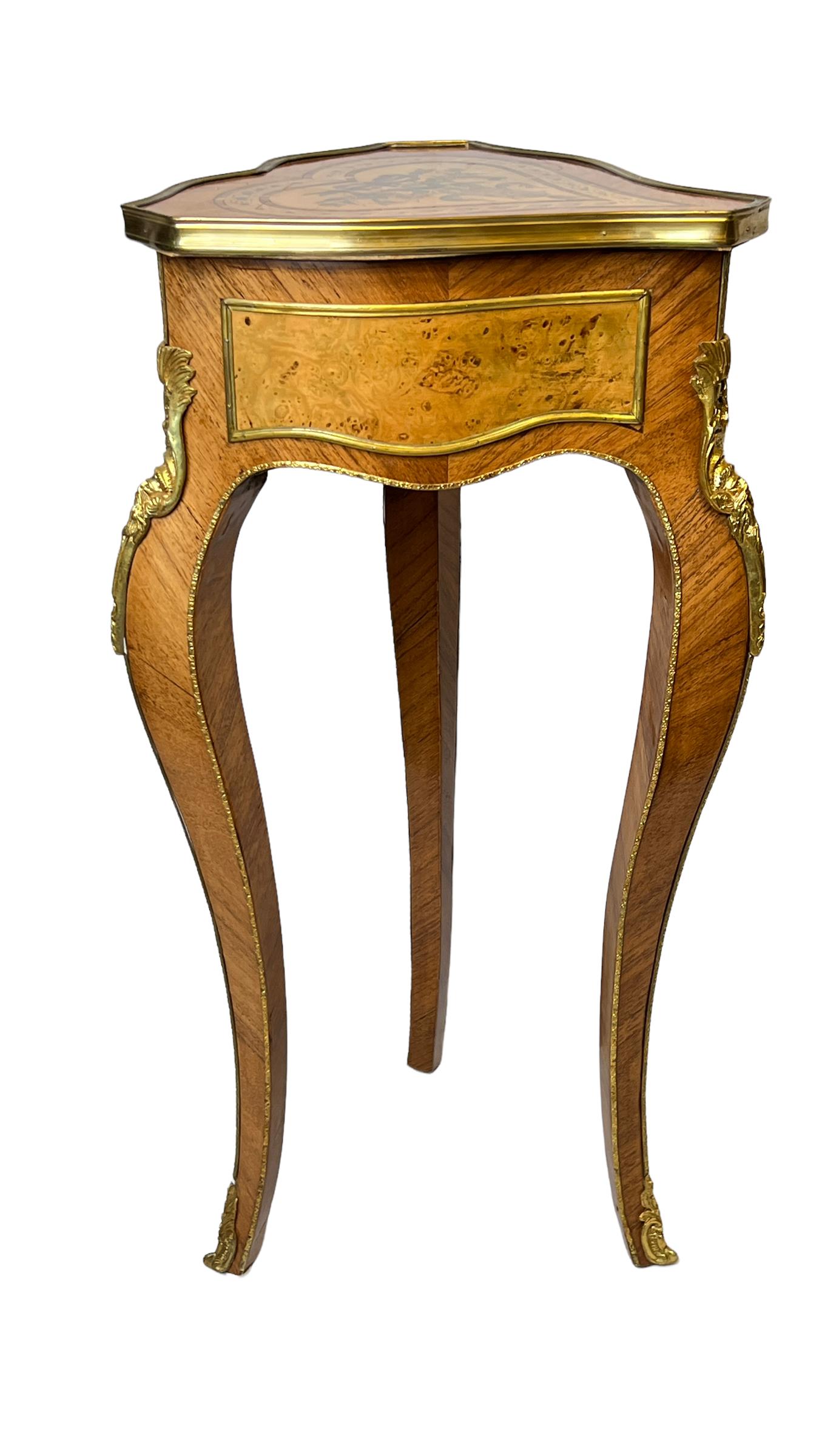 Gilt Louis XV Style Marquetry Inlaid Fruitwood Tripod Side Table For Sale