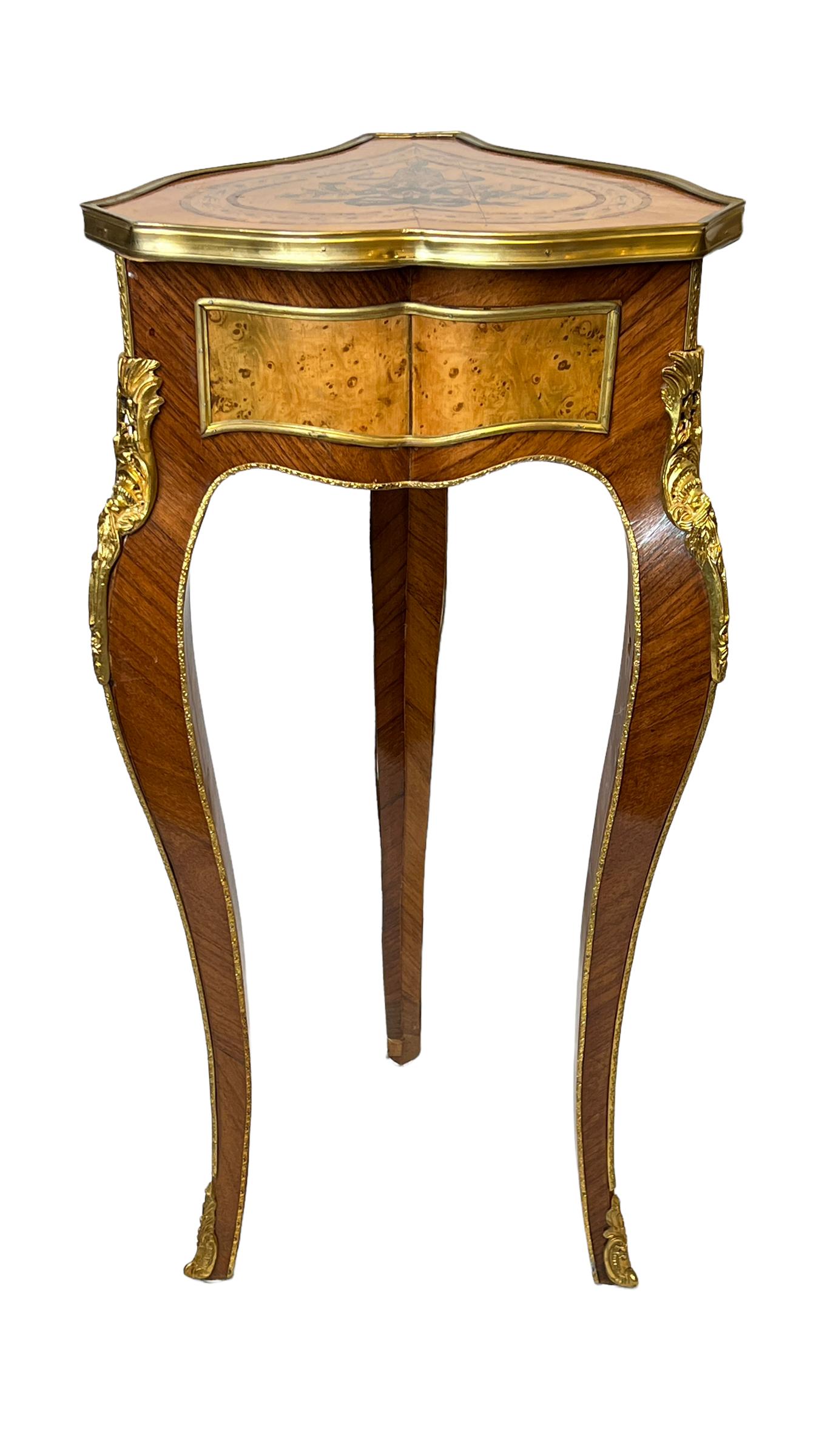 Louis XV Style Marquetry Inlaid Fruitwood Tripod Side Table In Good Condition For Sale In New York, NY