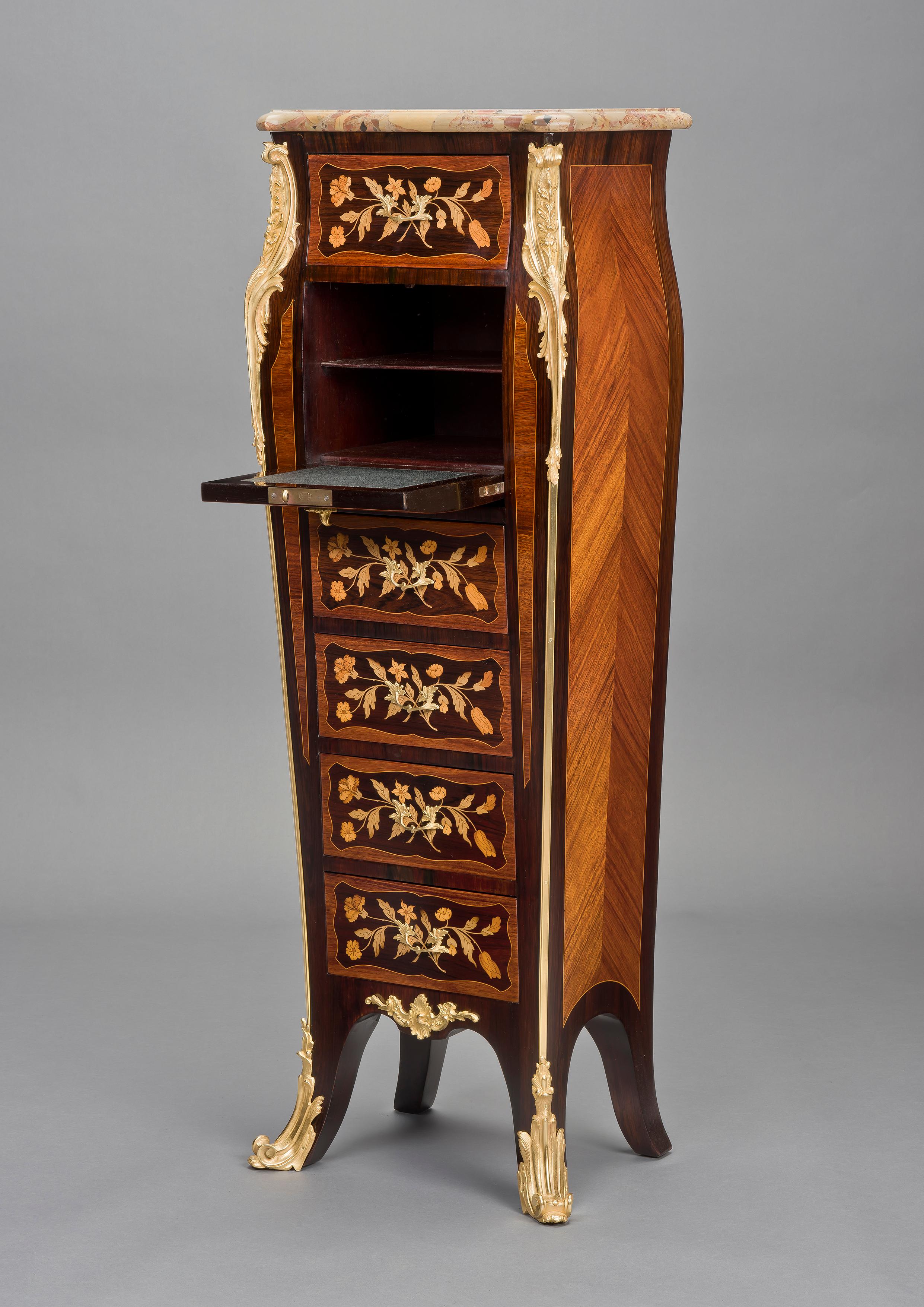 French Louis XV Style Marquetry Inlaid Secretaire Pedestal by Maison Millet, circa 1880