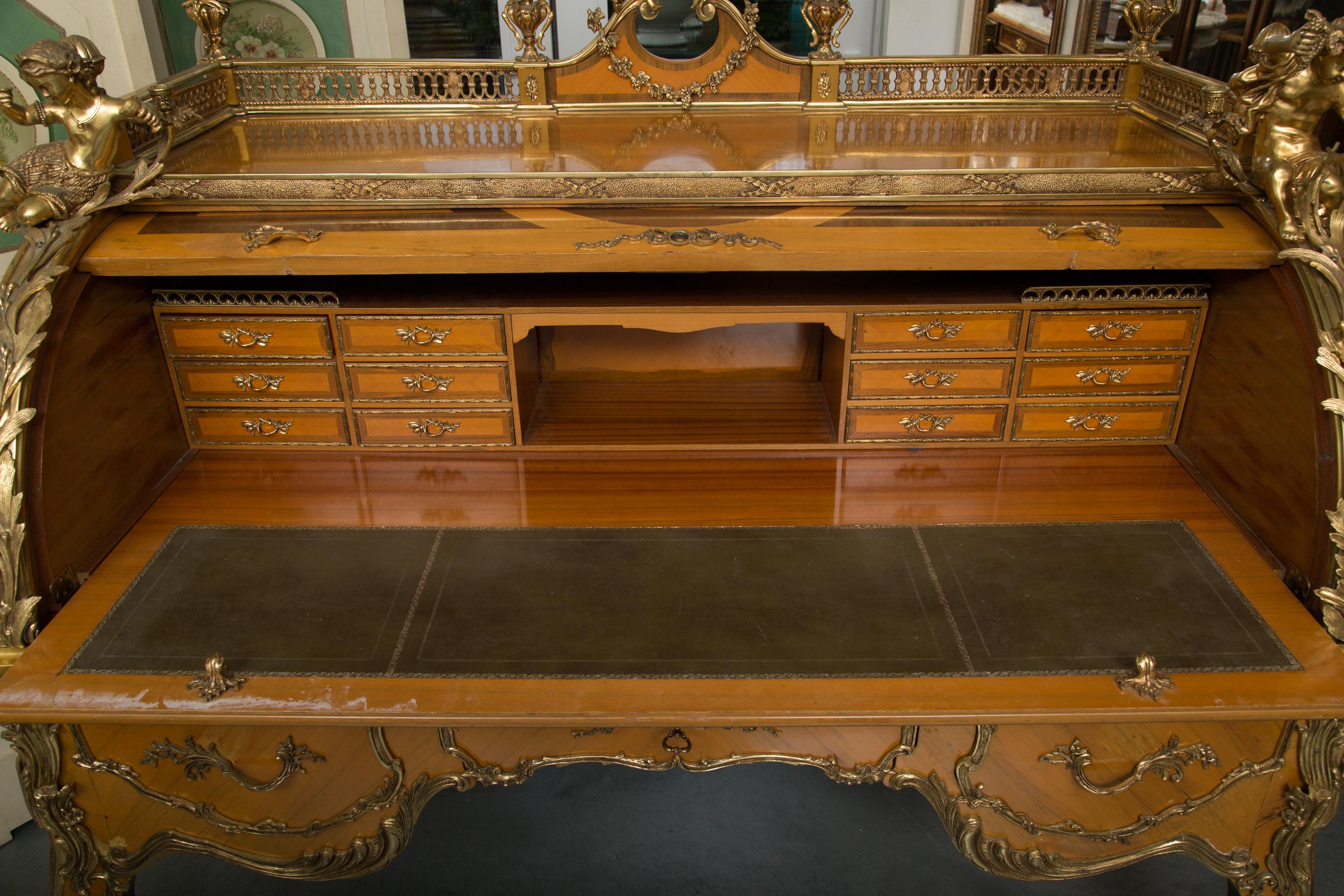 Louis XV Style Marquetry Kingwood Cylinder Desk 1