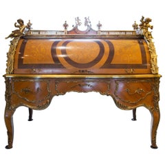 Vintage Louis XV Style Marquetry Kingwood Cylinder Desk