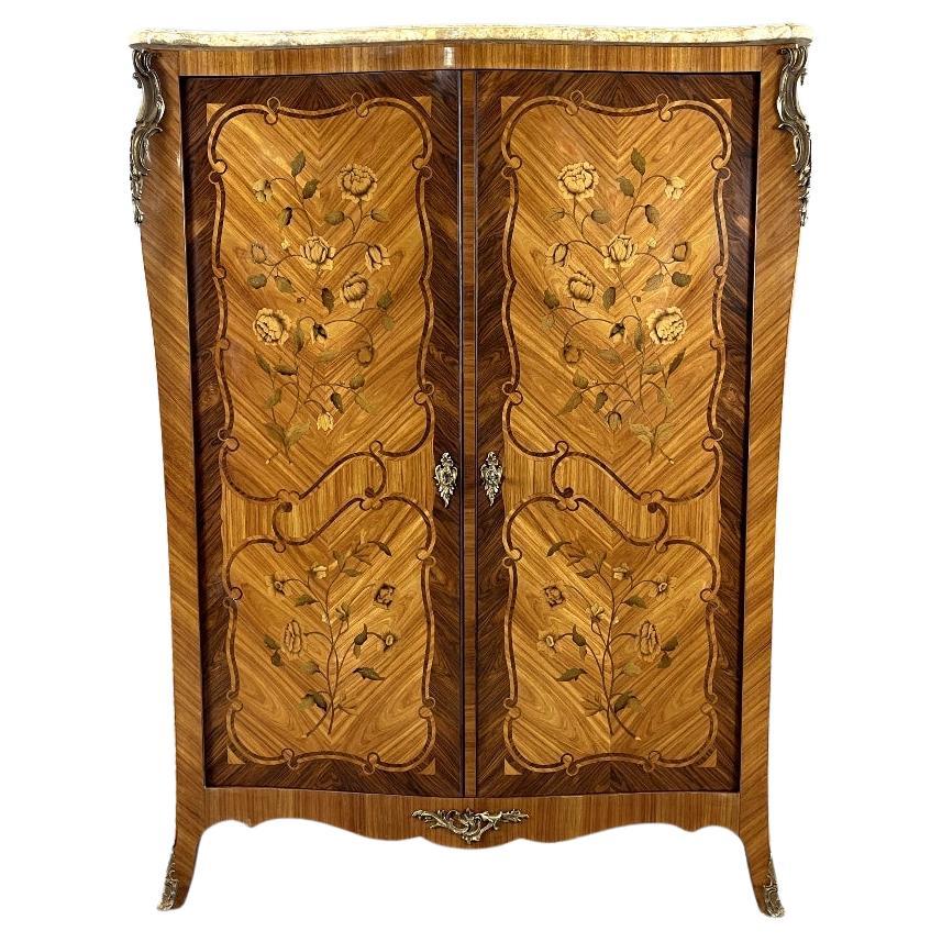 Louis XV Style Marquetry Wardrobe with Wood, Marble & Gilt Bronze