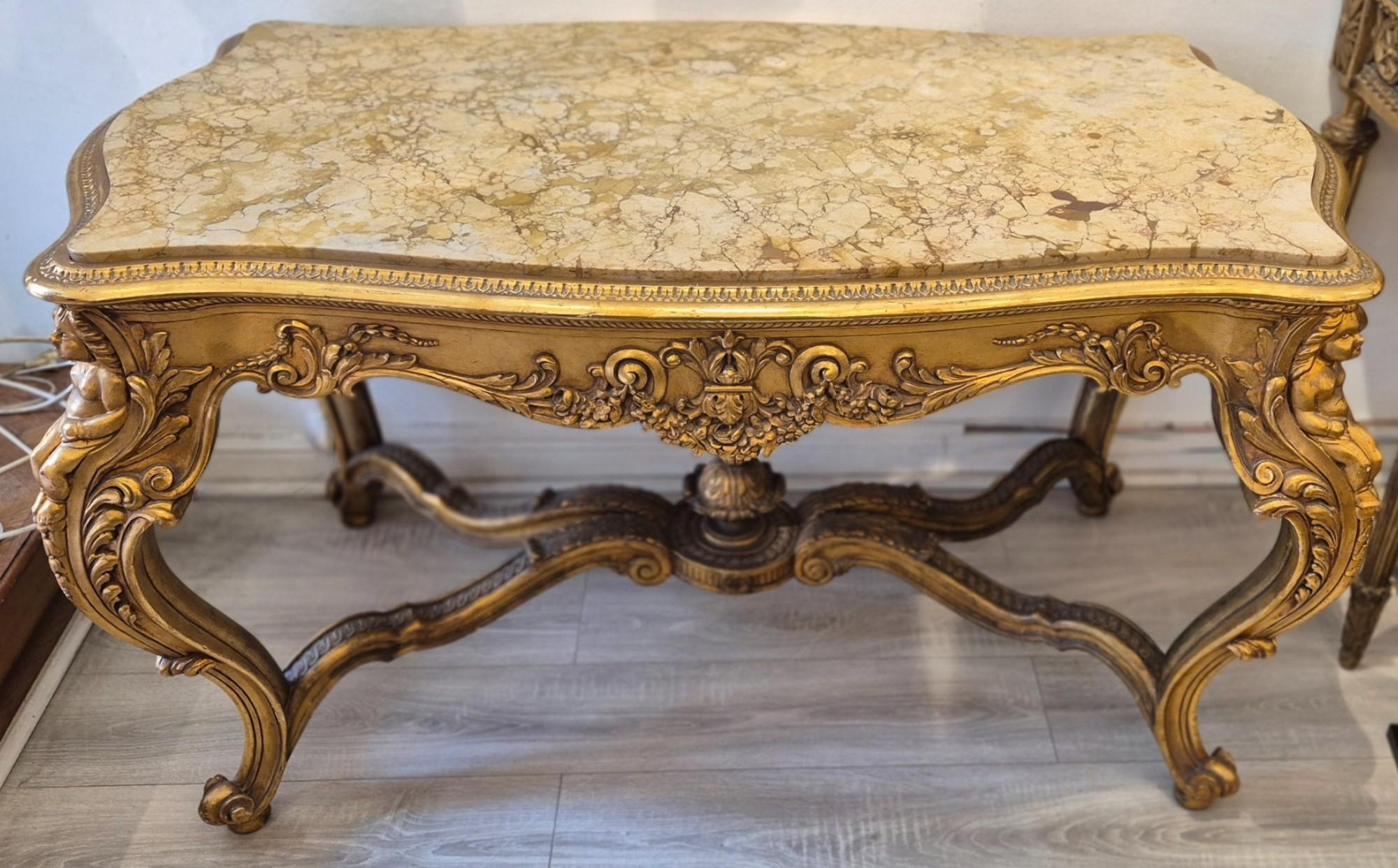 Louis XV style middle table in gilded wood and marble - 19th century For Sale 5