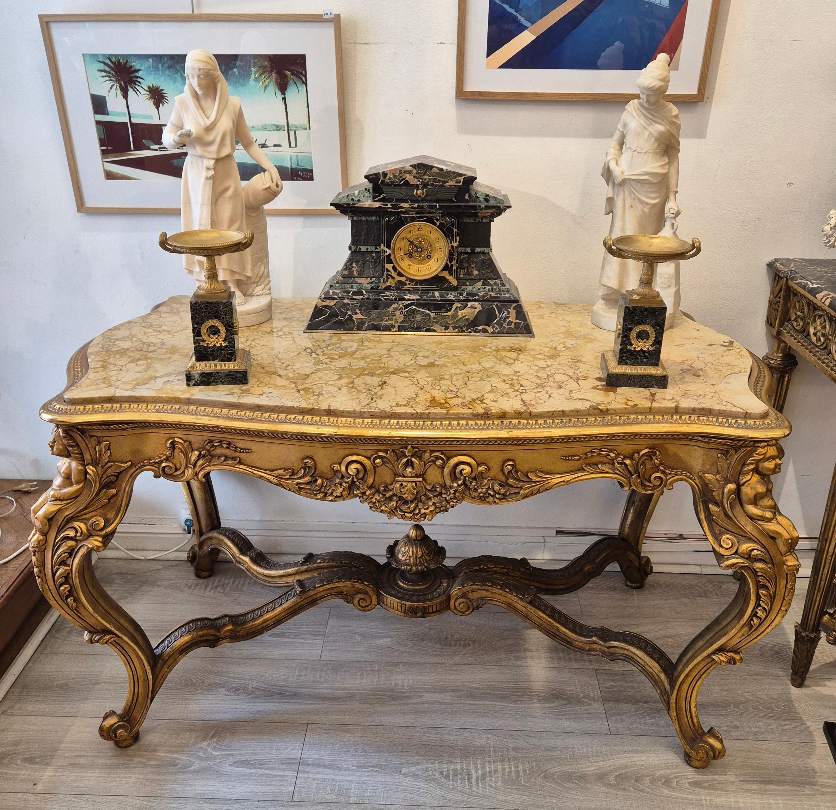 Louis XV style middle table in gilded wood and marble - 19th century For Sale 7