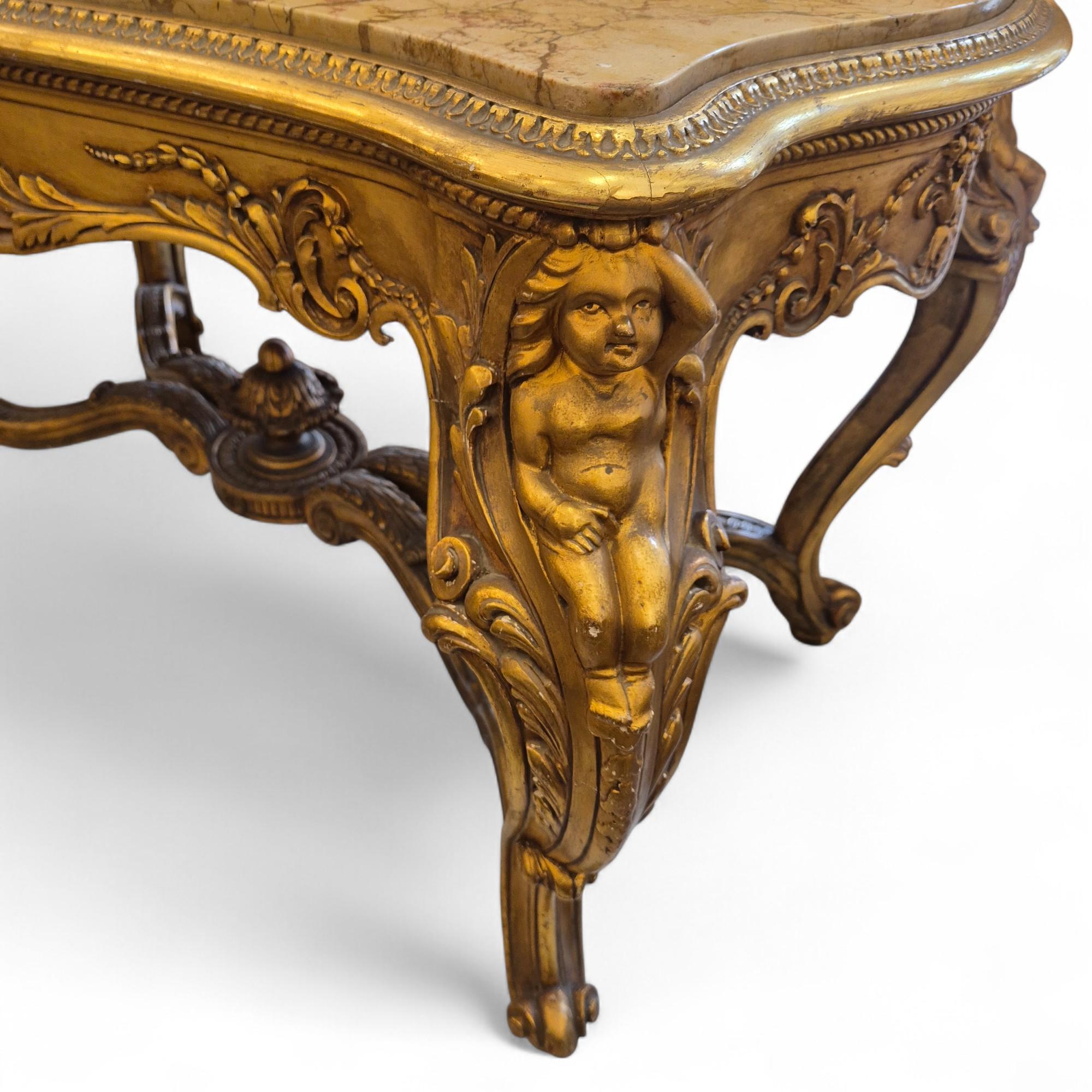 Louis XV style middle table in gilded wood and marble - 19th century In Good Condition For Sale In NICE, FR
