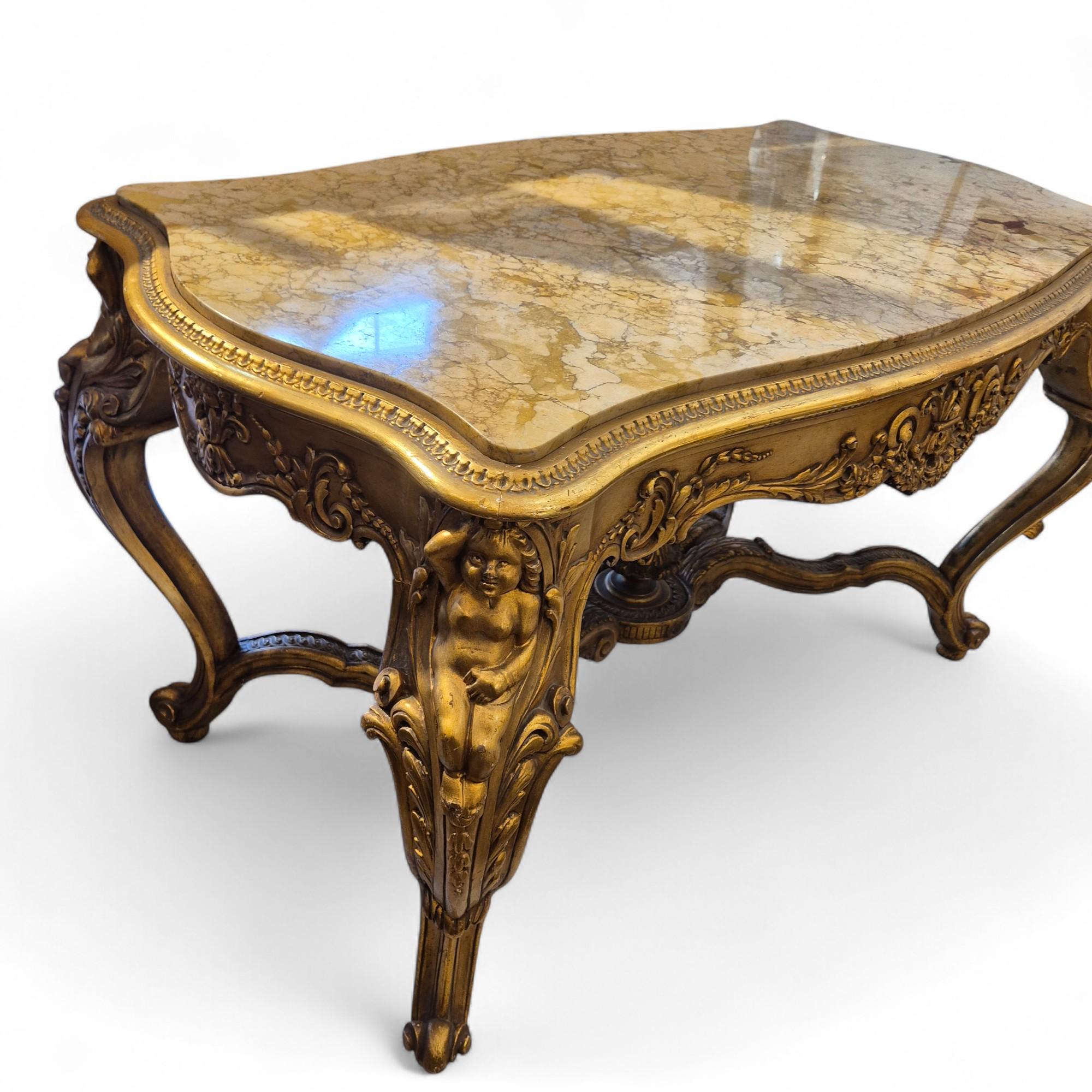 Mid-19th Century Louis XV style middle table in gilded wood and marble - 19th century For Sale
