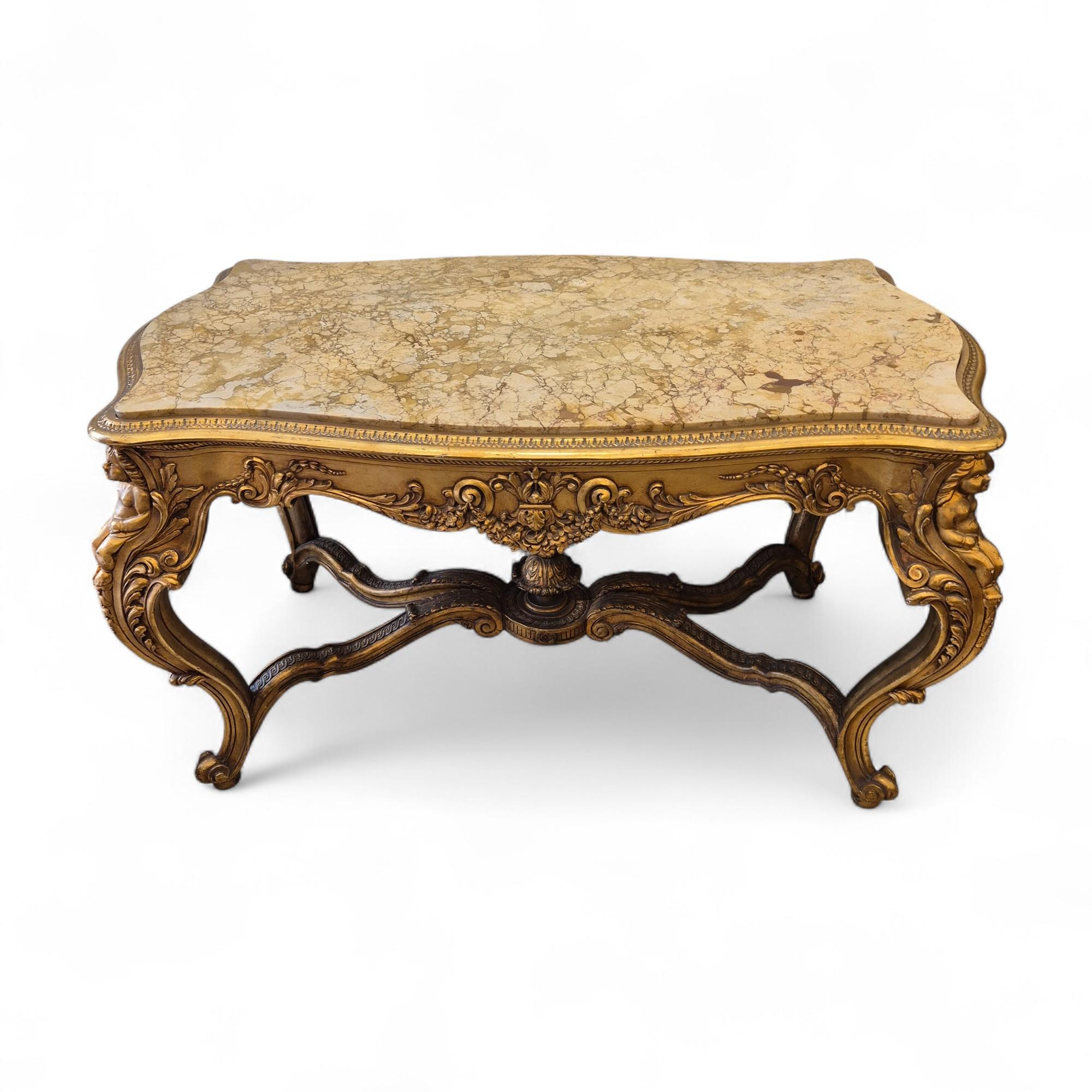 Louis XV style middle table in gilded wood and marble - 19th century For Sale 1