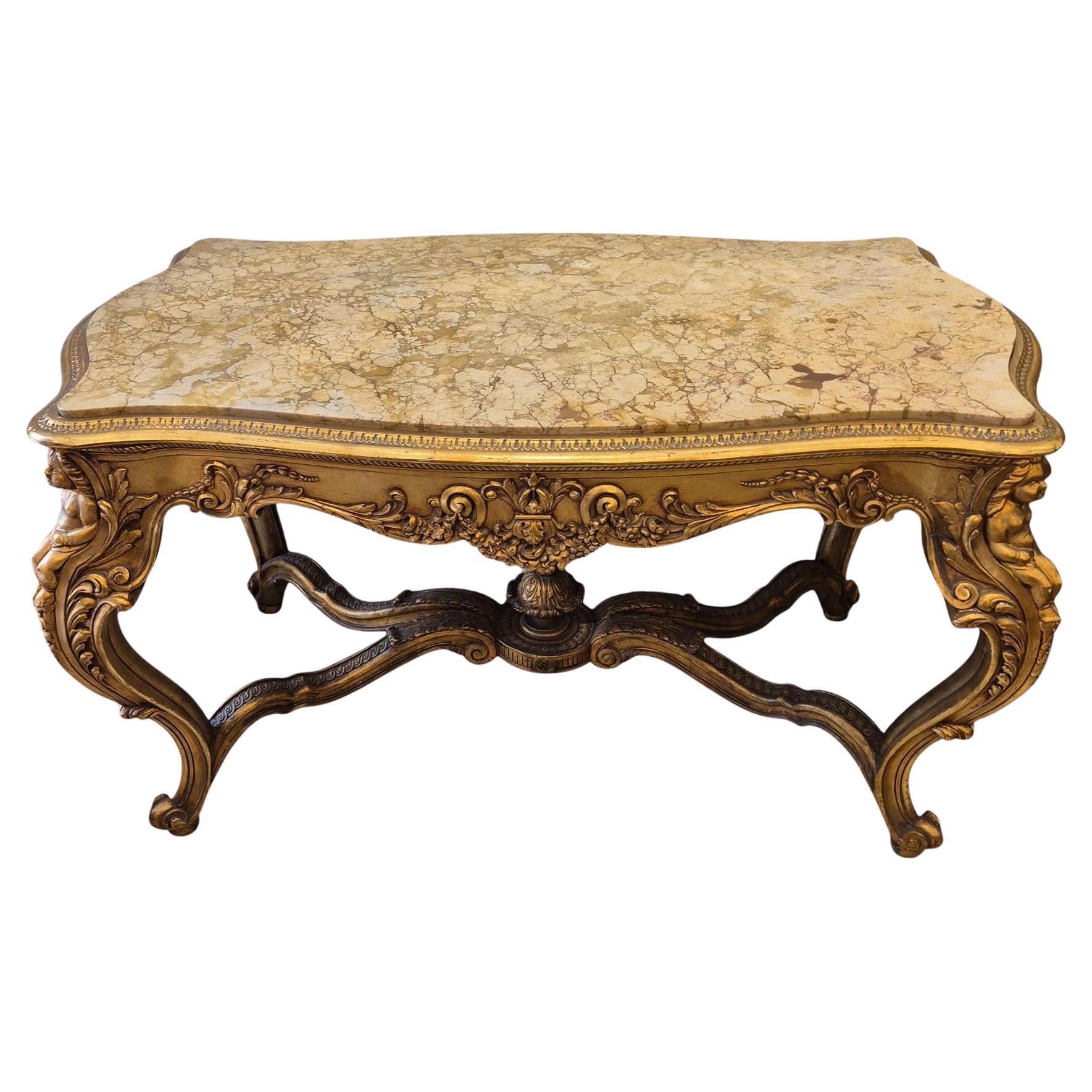 Table de milieu de style Louis XV en bois doré et marbre - 19e siècle