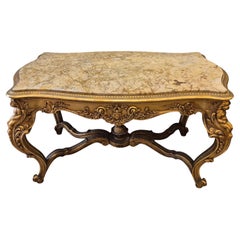Mesa de centro estilo Luis XV en madera dorada y mármol - Siglo XIX