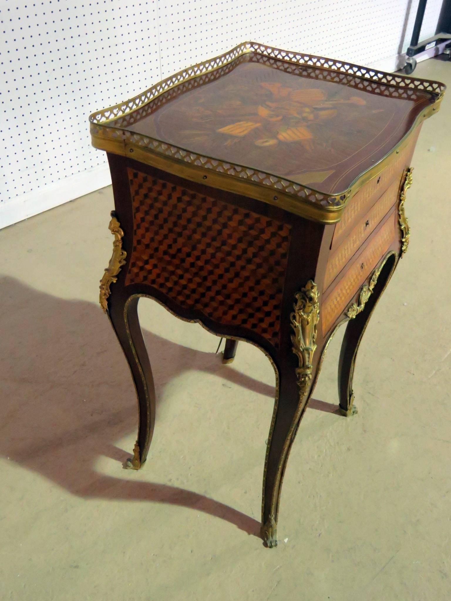 20th Century Inlaid Mixed Wood Louis XV Style Bronze Mounted Nighstand End Table 