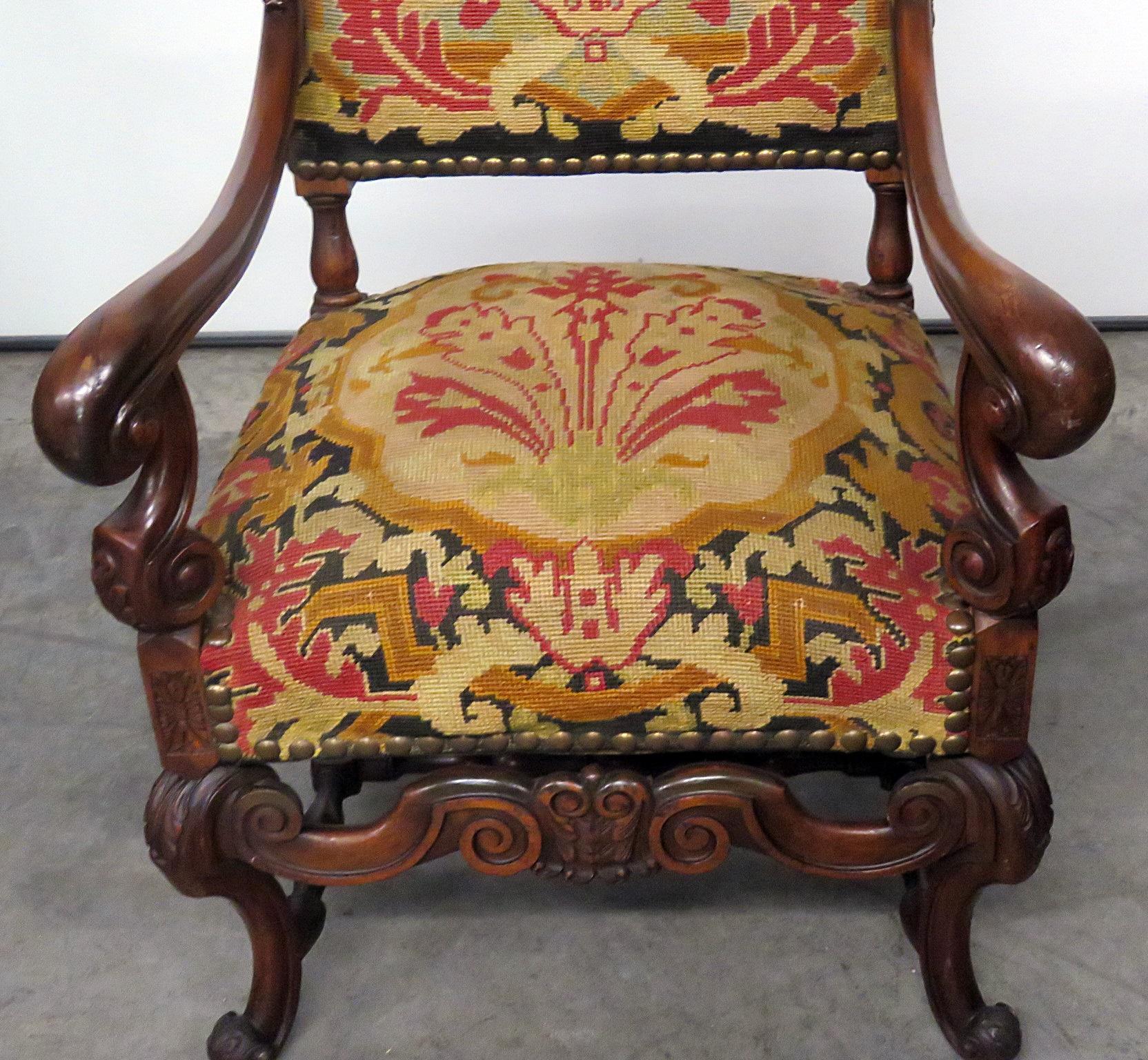 Carved Walnut French Louis XV Style Needlepoint Armchair In Good Condition In Swedesboro, NJ