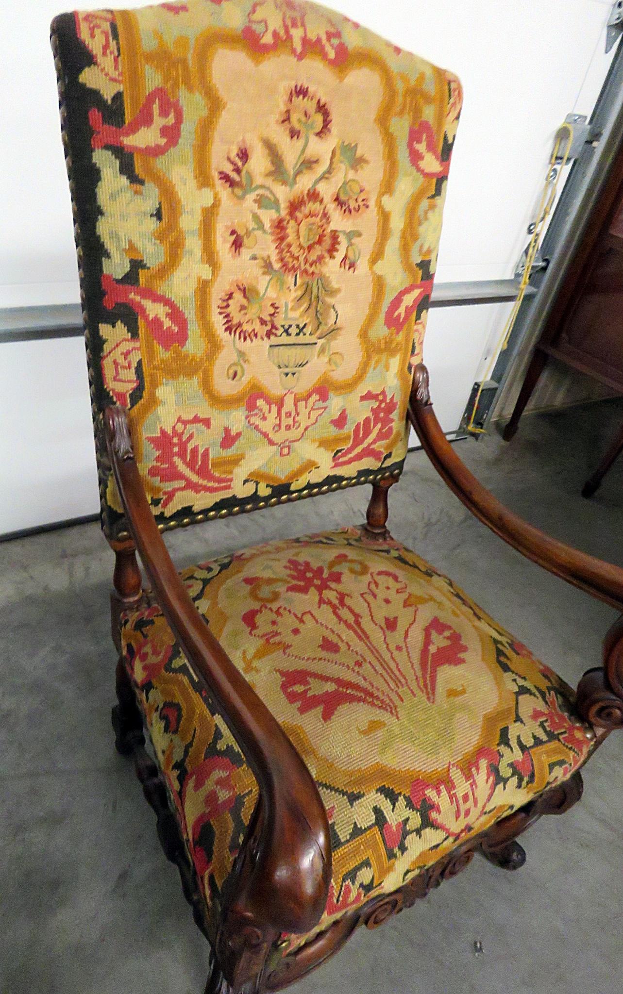 20th Century Carved Walnut French Louis XV Style Needlepoint Armchair