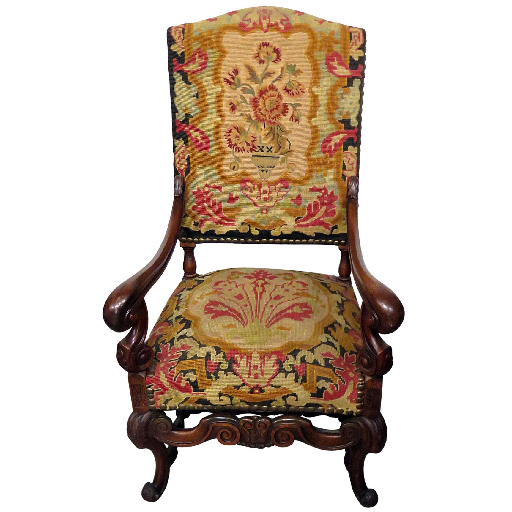 Carved Walnut French Louis XV Style Needlepoint Armchair
