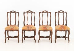 Twelve Louis XV Style Oak Dining Chairs, Floral Upholstery, 1920s