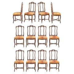 Twelve Louis XV Style Oak Dining Chairs, Floral Upholstery, 1920s