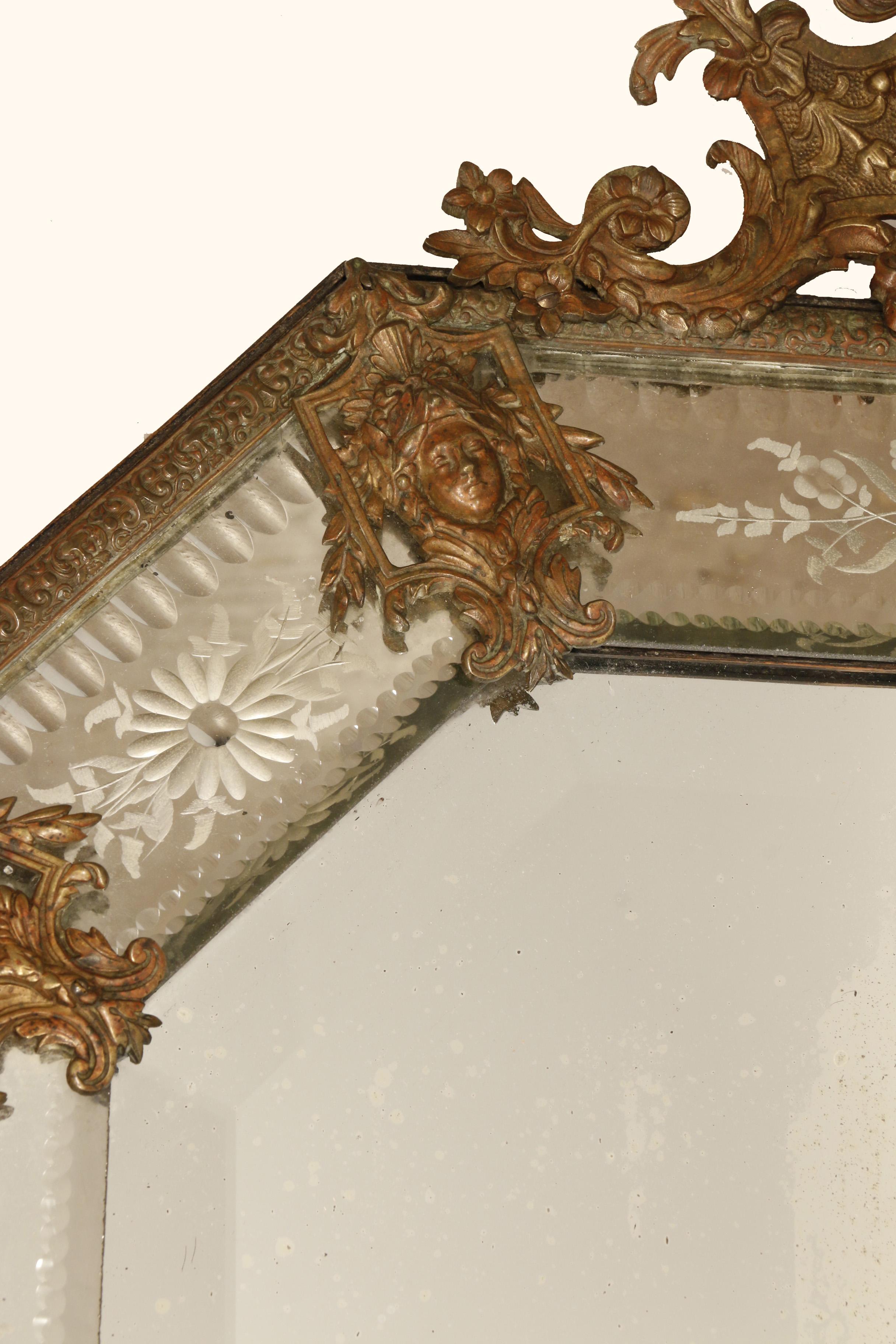 French Louis XV Style Octagonal Mirror With Bronze Mounts  For Sale