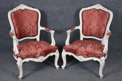 Louis XV Style Off-White Crackle Painted  Gilded Red SIlk Upholstered Armchairs