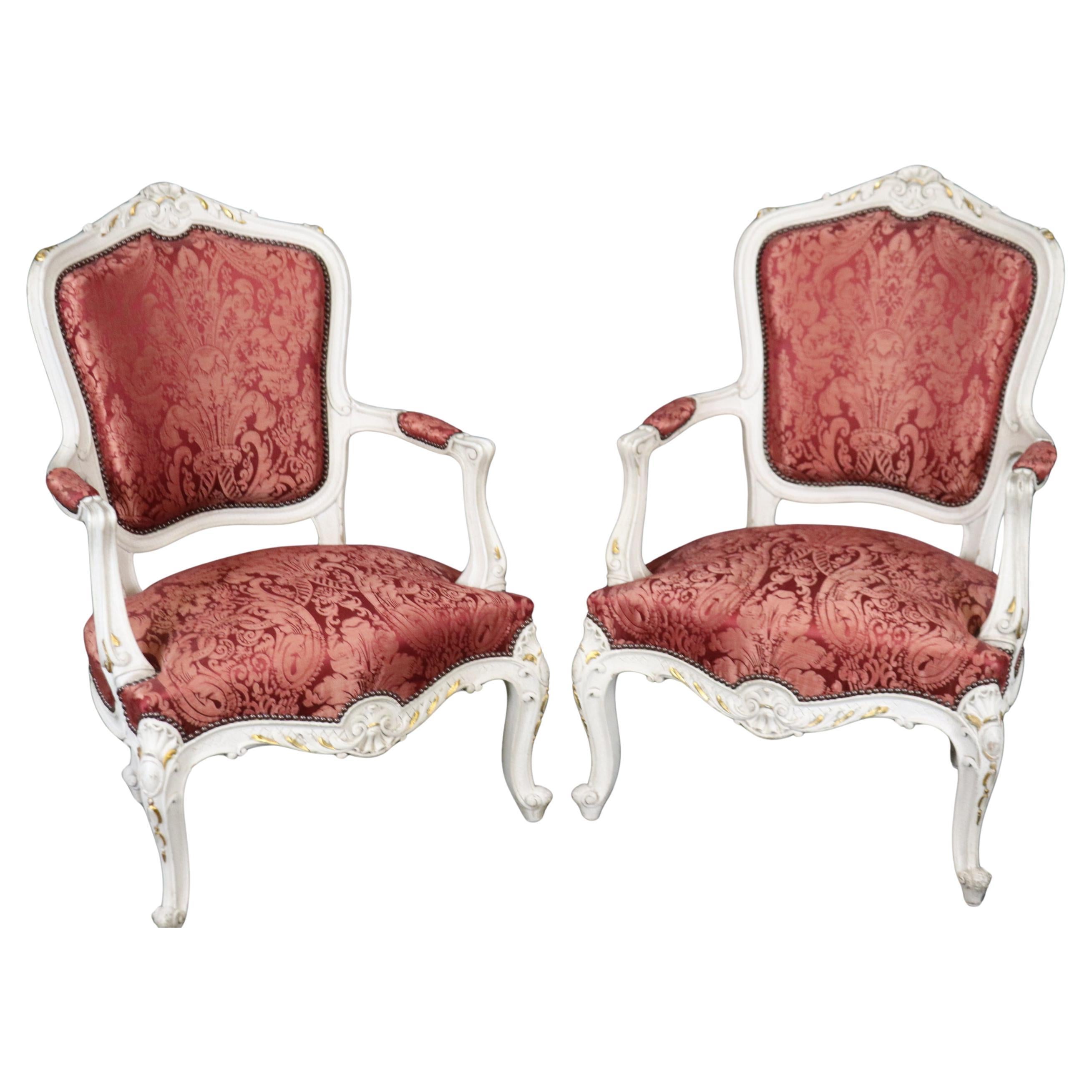 Louis XV Style Off-White Crackle Painted  Gilded Red SIlk Upholstered Armchairs