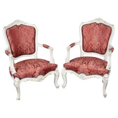 Louis XV Style Off-White Crackle Painted  Gilded Red SIlk Upholstered Armchairs