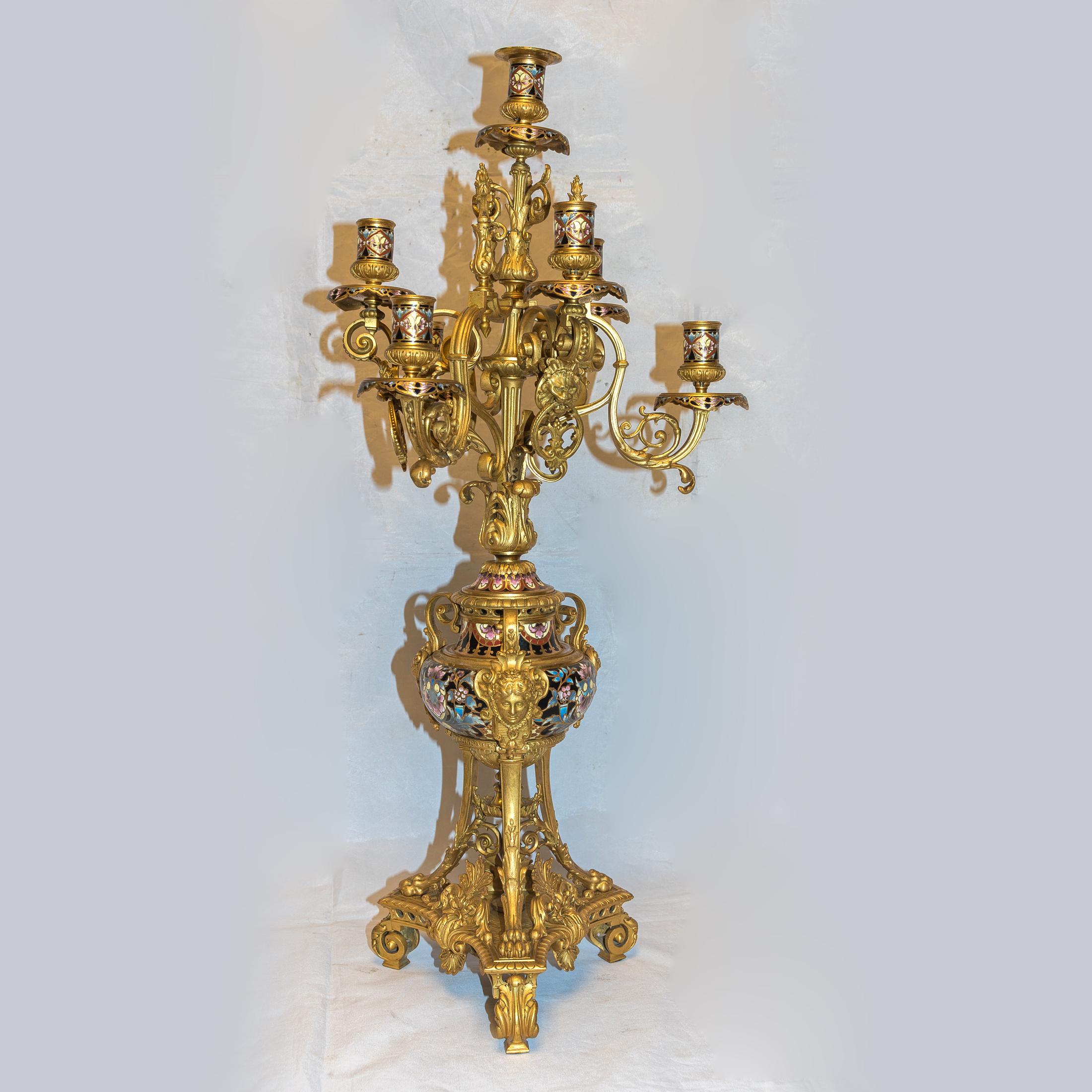 French Louis XV-Style Ormolu Champlevé Enamel Seven-Light Candelabra For Sale