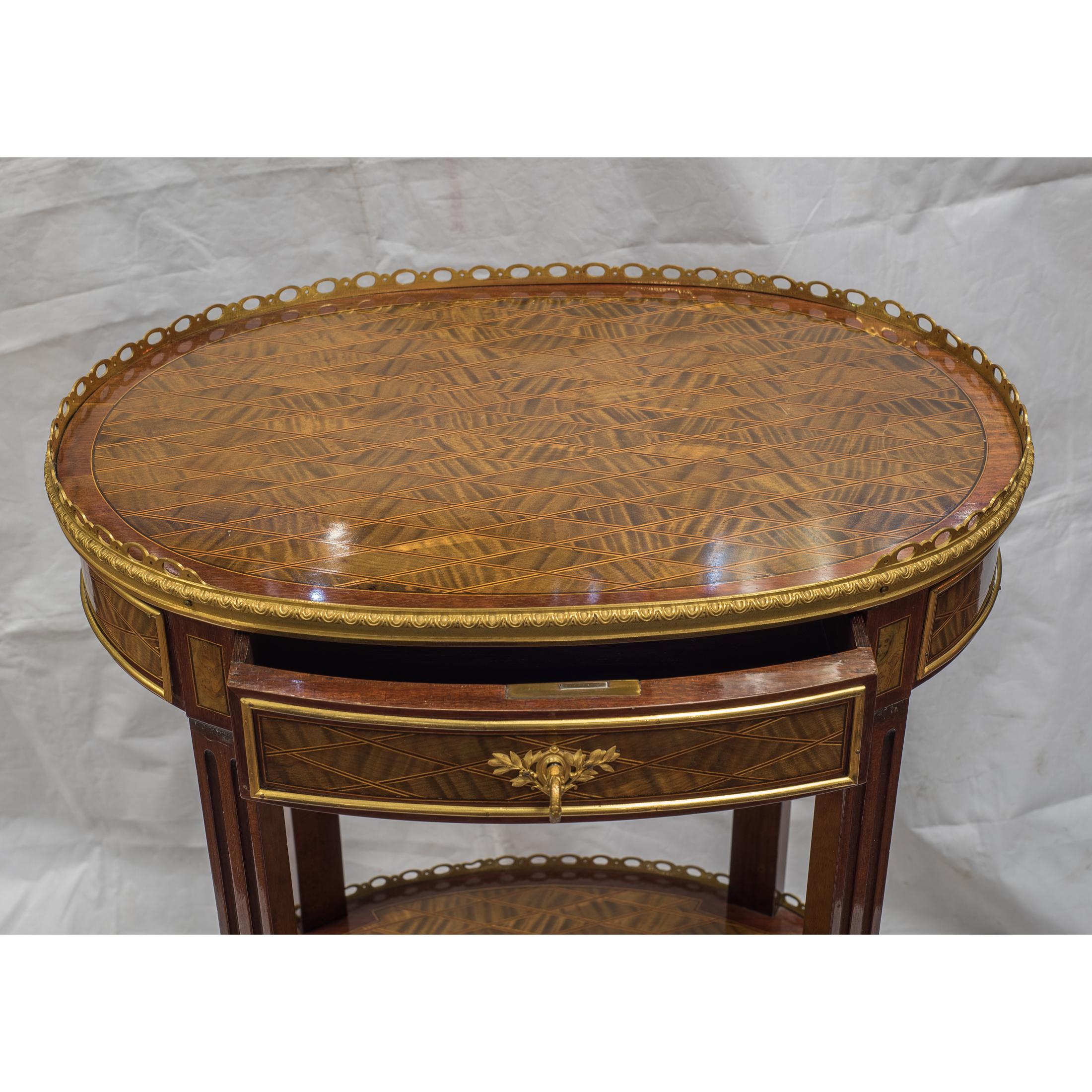 Gilt Louis XV-Style Ormolu-Mounted Inlaid Tulipwood and Mahogany Galleried Oval Table For Sale