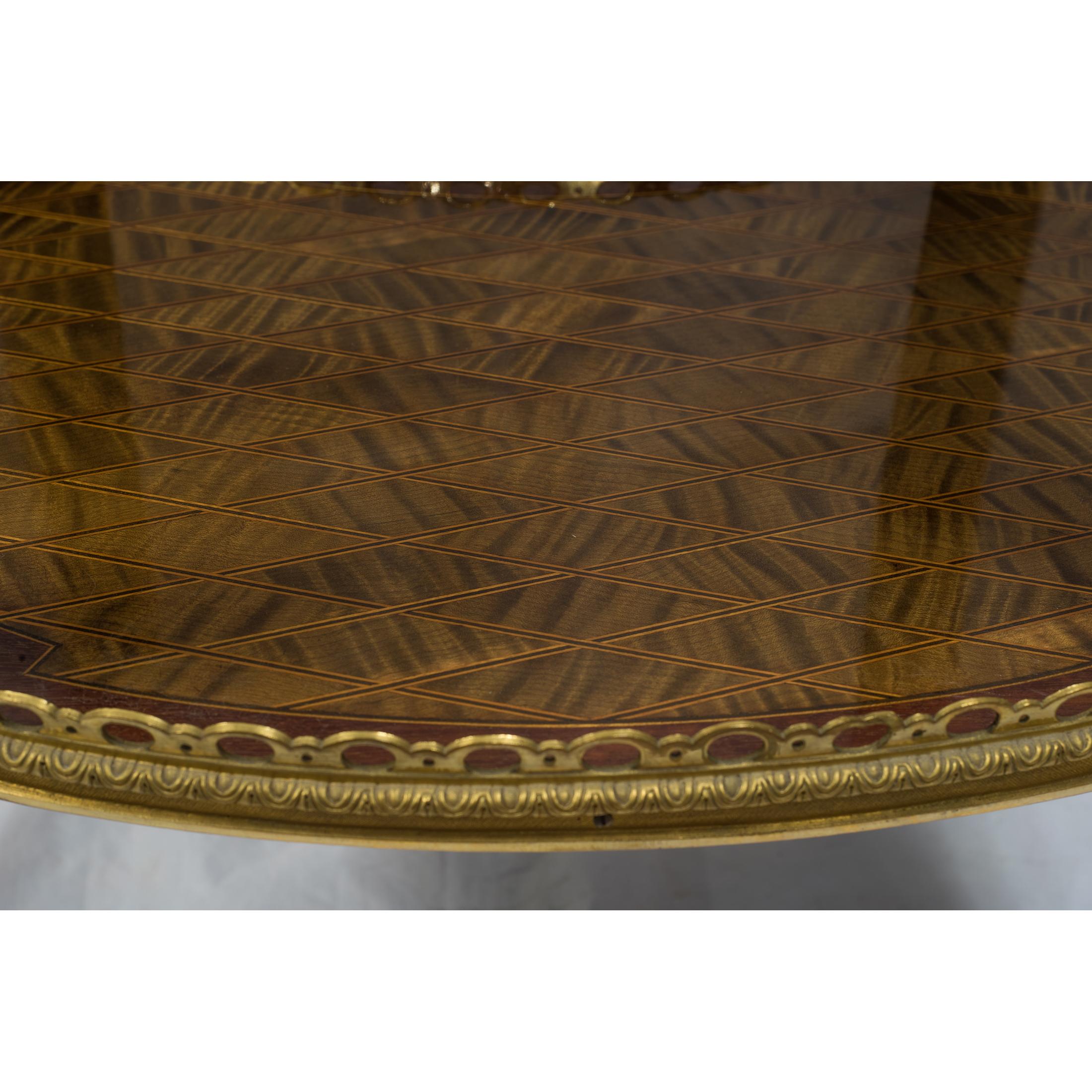 19th Century Louis XV-Style Ormolu-Mounted Inlaid Tulipwood and Mahogany Galleried Oval Table For Sale