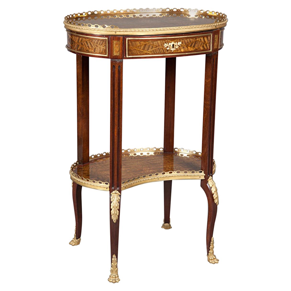 Louis XV-Style Ormolu-Mounted Inlaid Tulipwood and Mahogany Galleried Oval Table For Sale