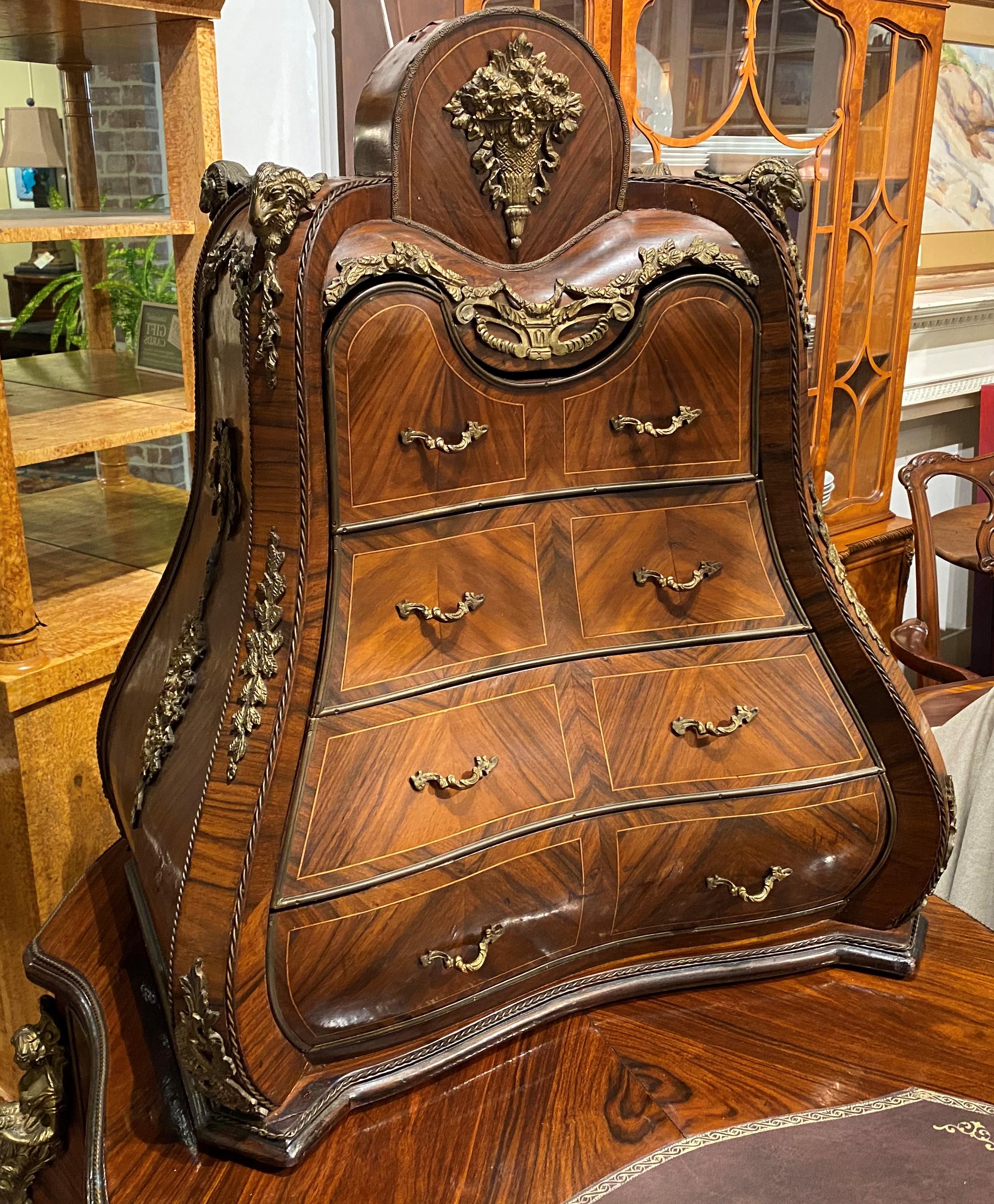 Louis XV Style Ormolu Mounted Kingwood Desk with Bombe Cabinet In Good Condition In Milford, NH