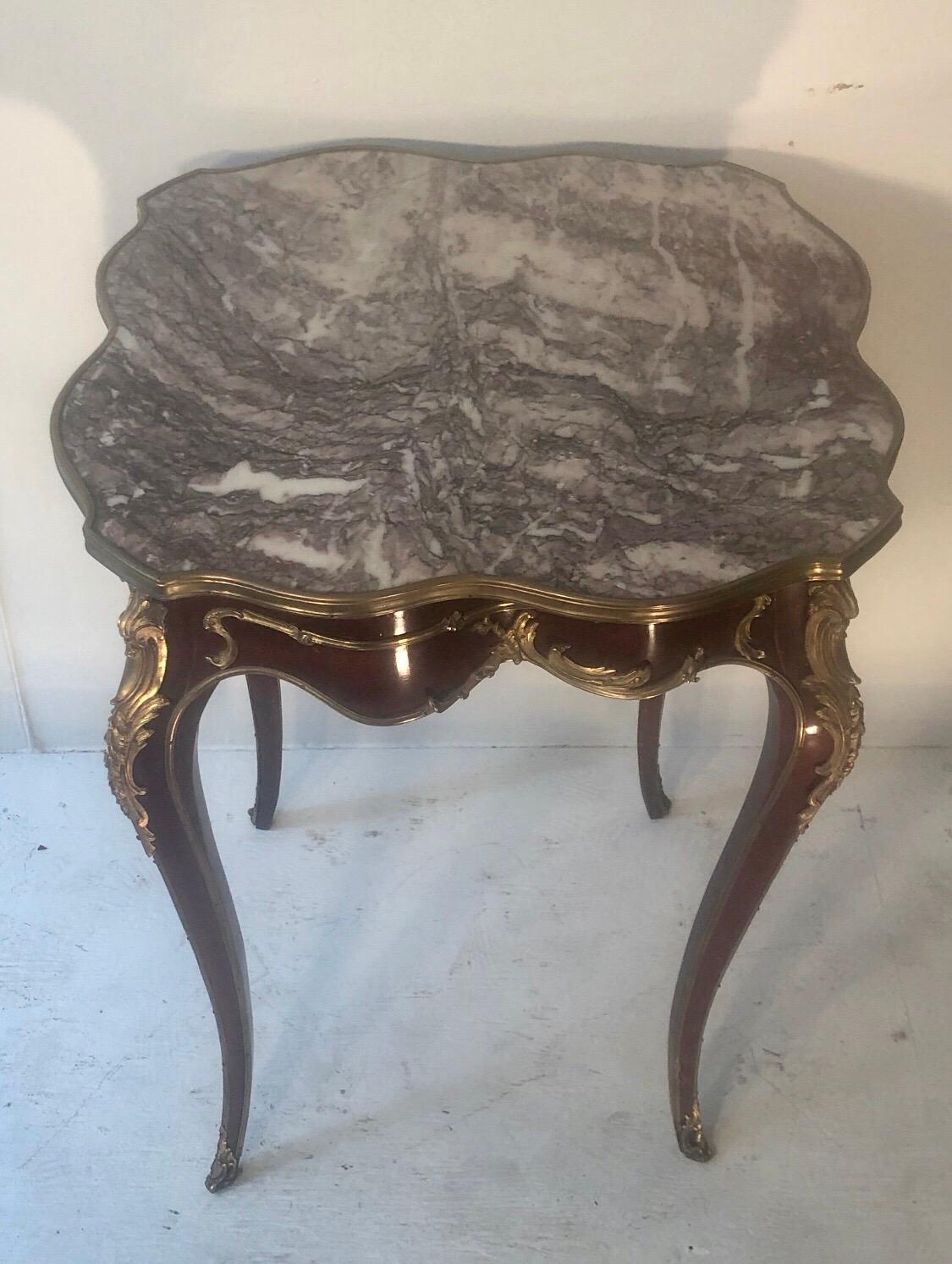 French Louis XV-Style Ormolu-Mounted Mahogany and Marble-Top Side Table For Sale
