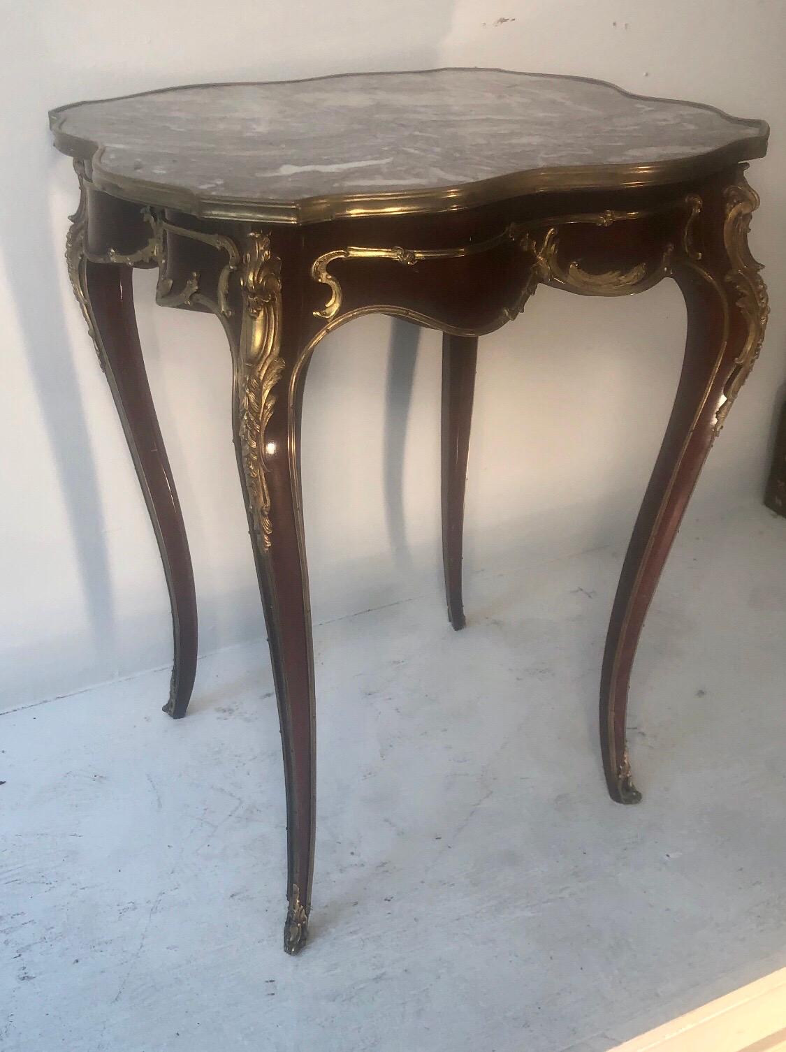 Louis XV-Style Ormolu-Mounted Mahogany and Marble-Top Side Table For Sale 2