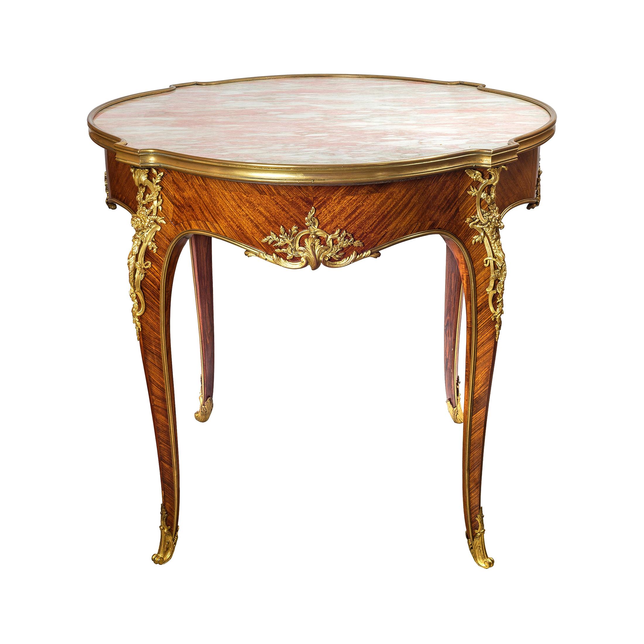 Louis XV-Style Ormolu-Mounted Marble-Top Center Table by Zwiener For Sale