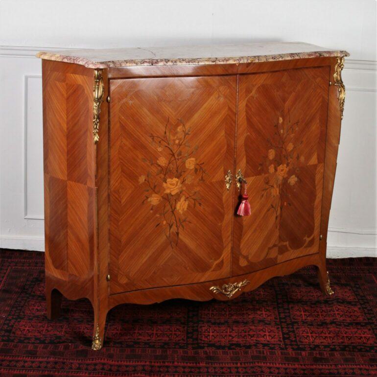French Louis XV Style Ormolu Mounted Marquetry Kingwood Cabinet
