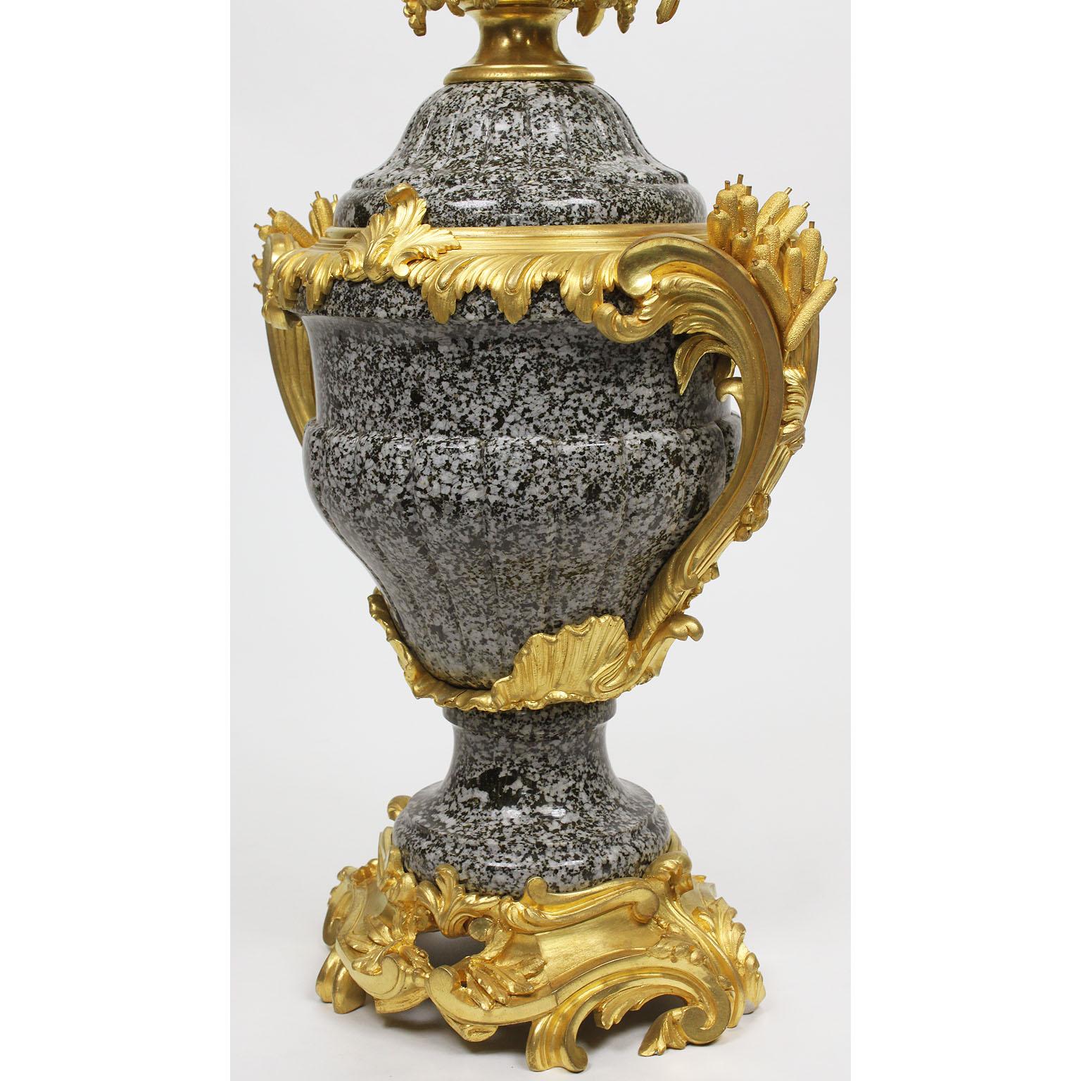 Gilt Louis XV Style Ormolu-Mounted Mottled Granite-Marble Candelabra, Attr. F. Linke For Sale