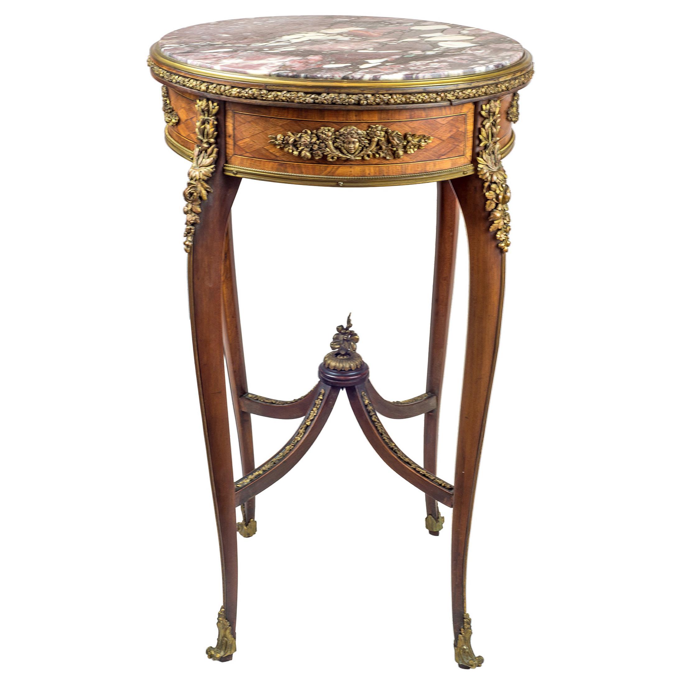 Louis XV Style Ormolu Mounted Parquetry Kingwood and Tulipwood Marble Top Table