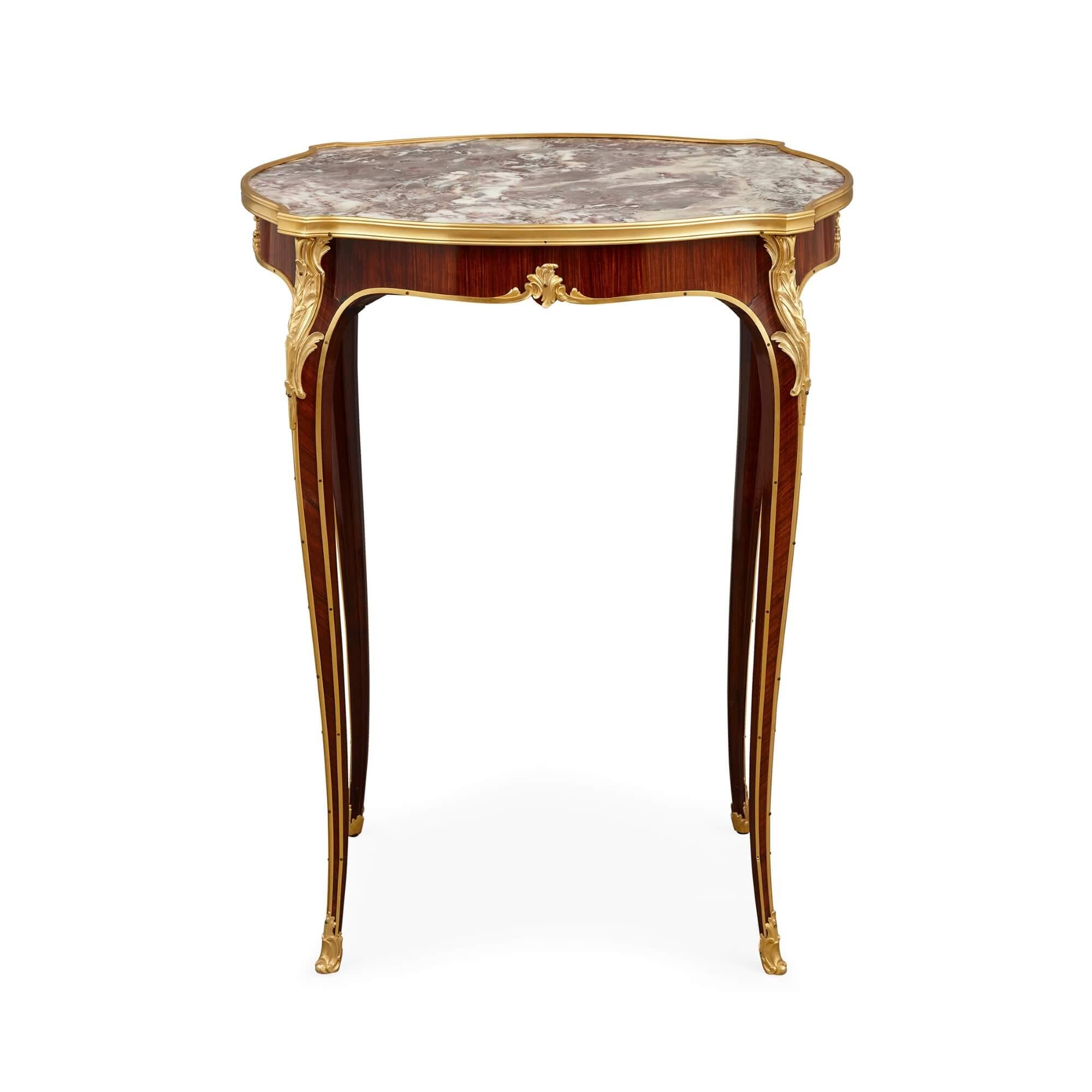 Louis XV Style Ormolu-Mounted Side Table with Marble Top Retailed by Deveraux
French, 19th Century
Height 75.5cm, width 58cm, depth 47cm

This very fine piece is an ormolu-mounted, marble inlaid side-table, retailed by Deveraux of Paris, and made in