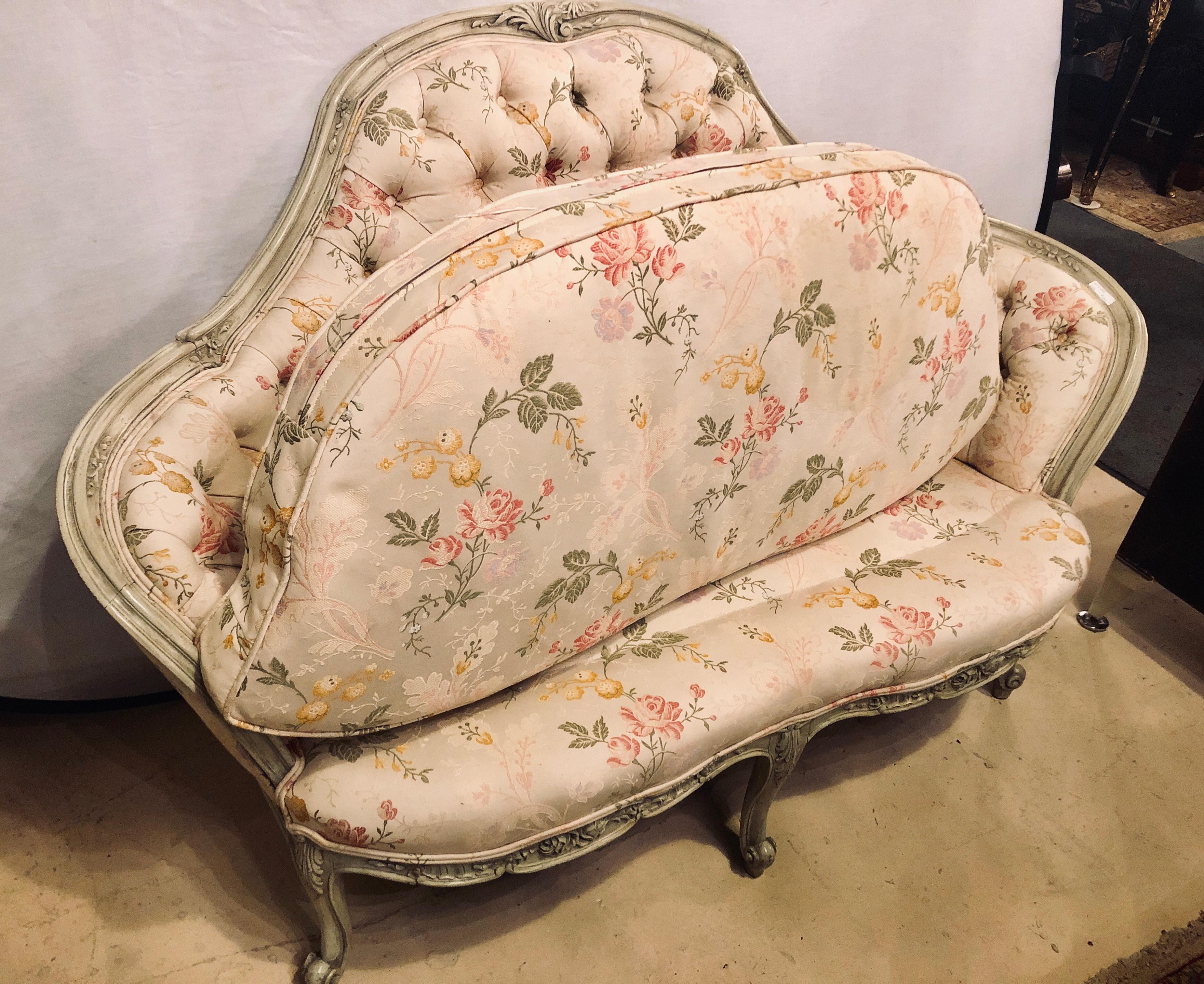 Louis XV Style Paint Decorated Settee / Loveseat Tufted in a Swedish Fashion 5