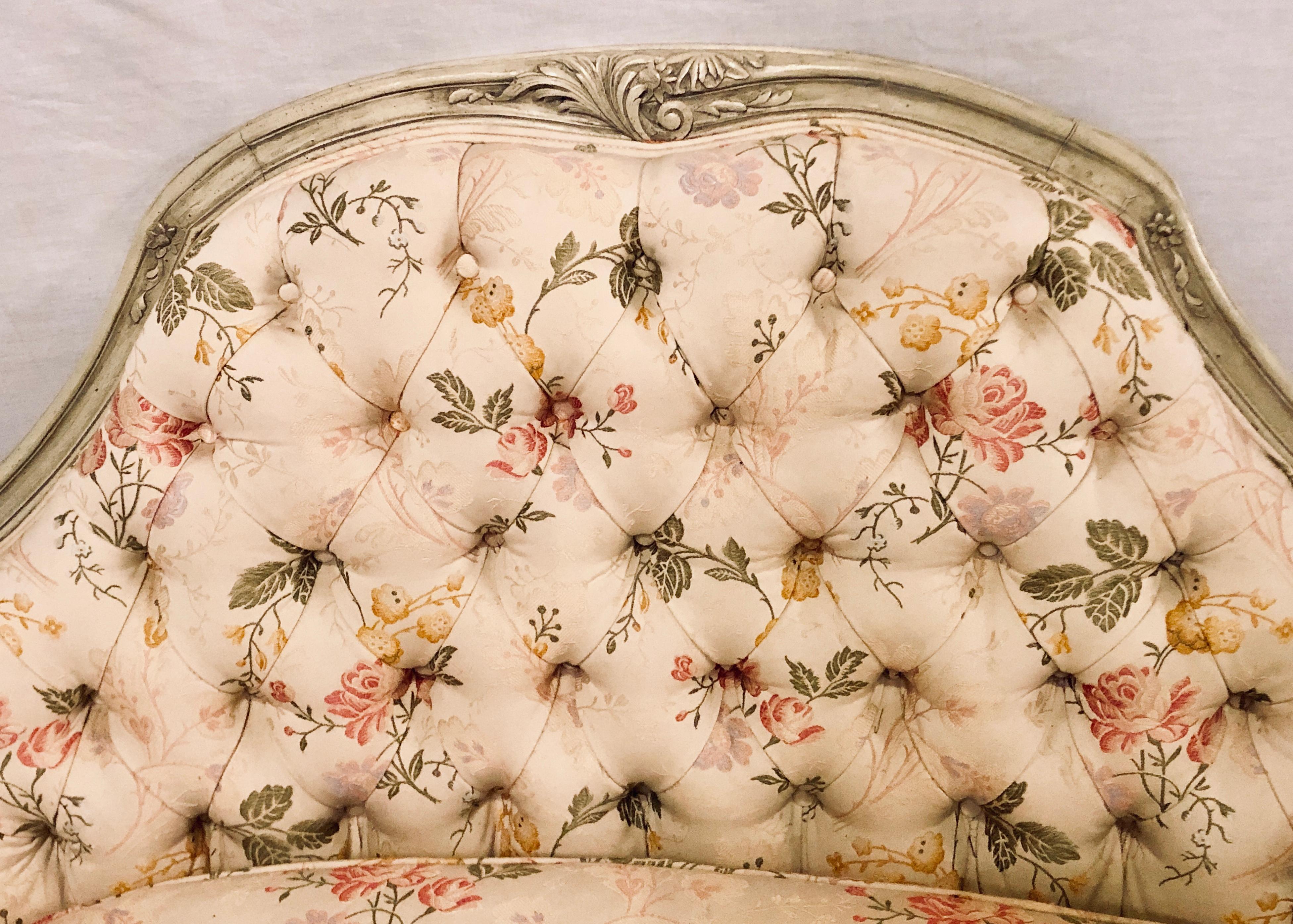 French Louis XV Style Paint Decorated Settee / Loveseat Tufted in a Swedish Fashion