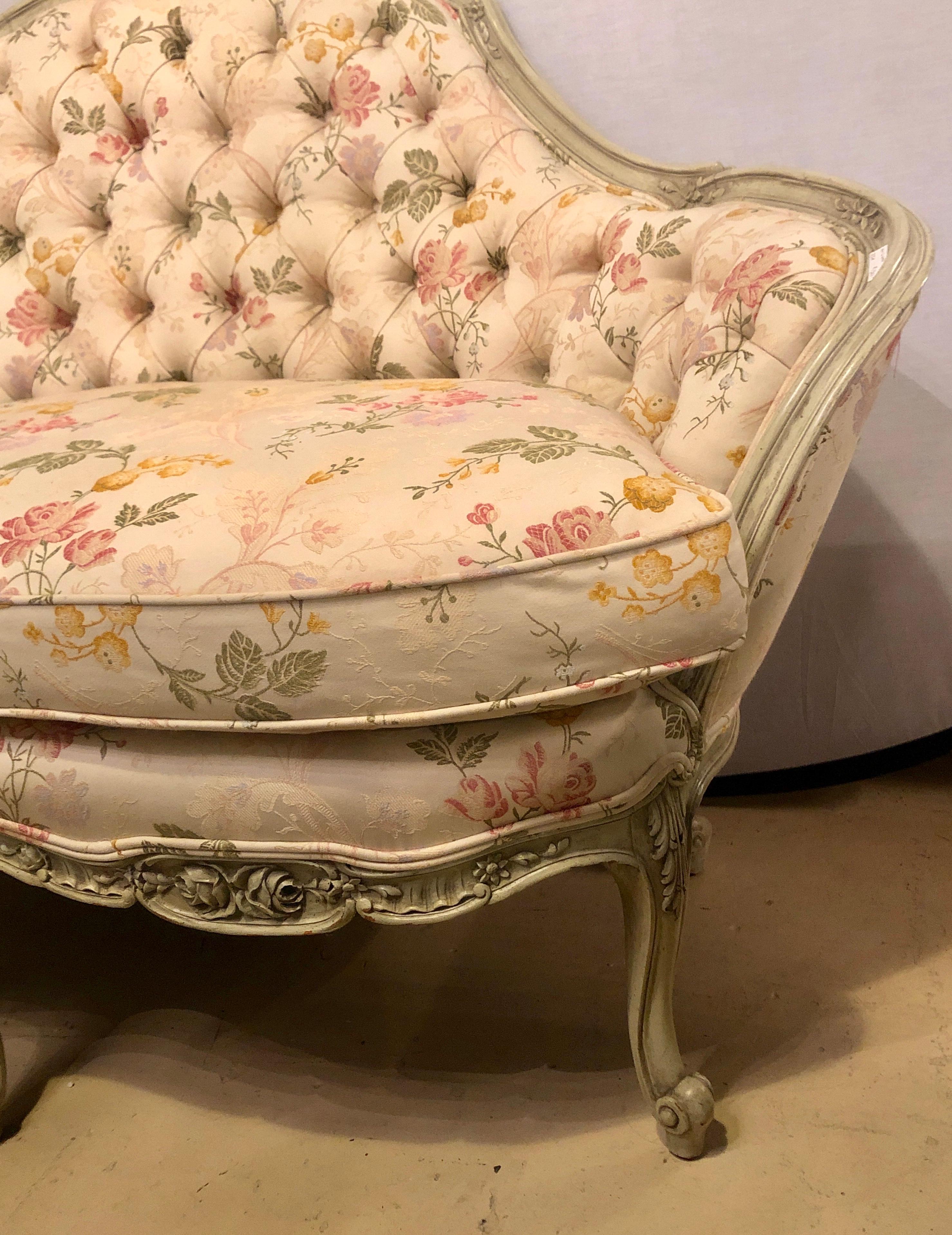 Woodwork Louis XV Style Paint Decorated Settee / Loveseat Tufted in a Swedish Fashion